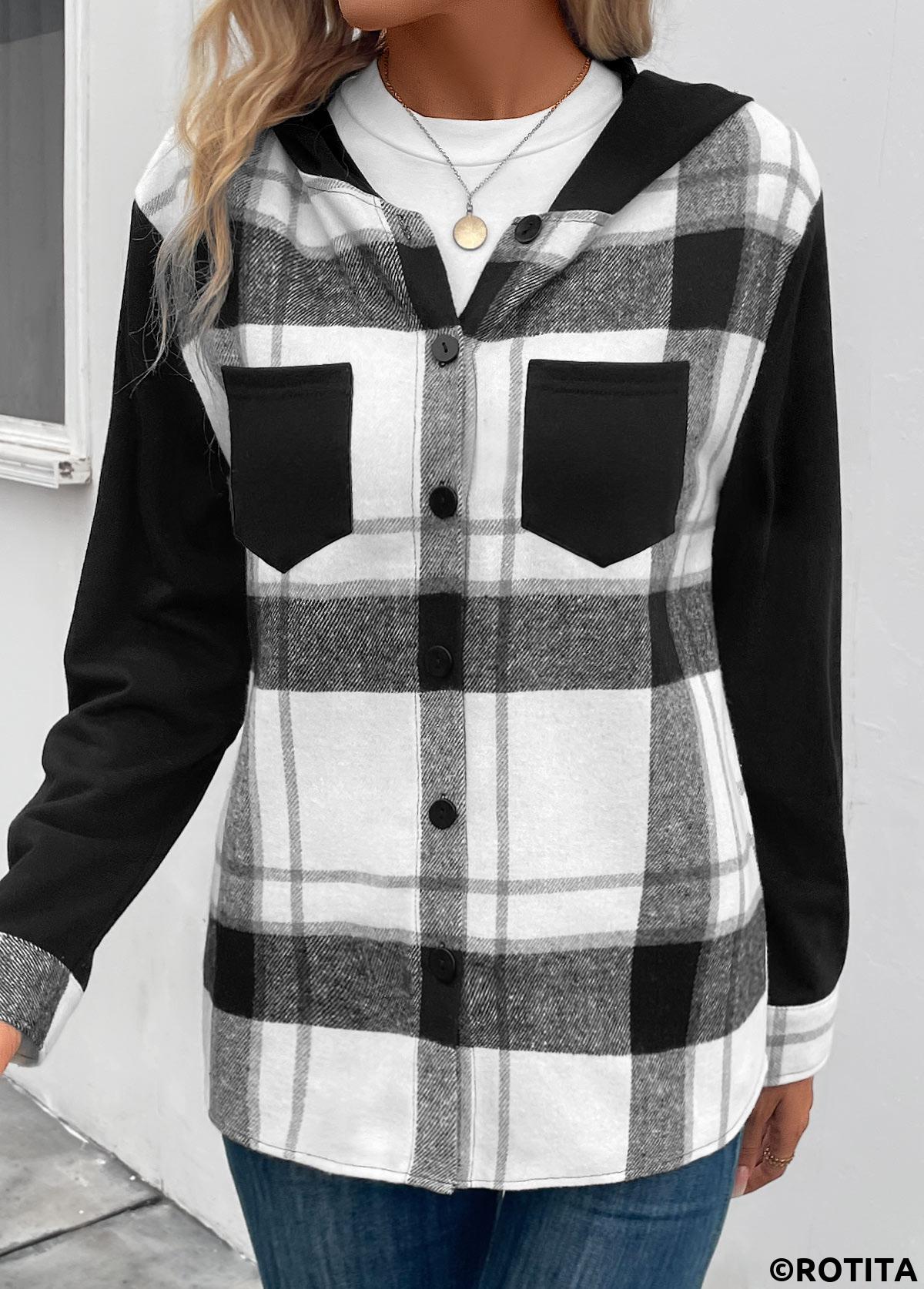 Black tops,White tops,Plaid tops,Striped tops,Geometric tops,ROTITA Patchwork Plaid Black Hooded Long Sleeve Coat