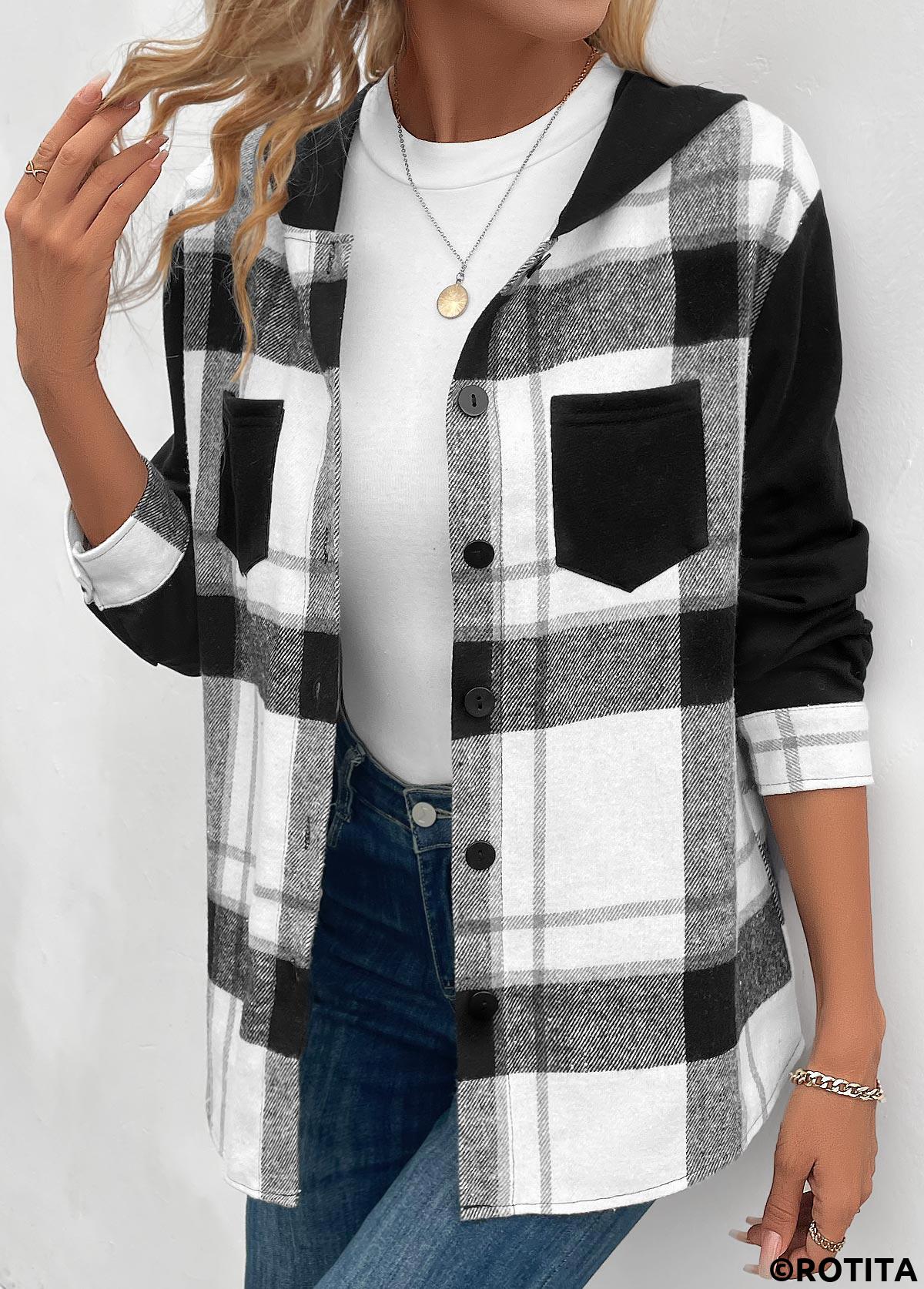 Black tops,White tops,Plaid tops,Striped tops,Geometric tops,ROTITA Patchwork Plaid Black Hooded Long Sleeve Coat