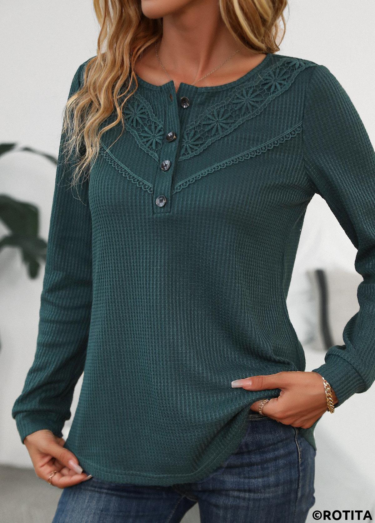 Blackish Green tops,Plain Color tops,ROTITA Patchwork Blackish Green Scoop Neck Long Sleeve T Shirt