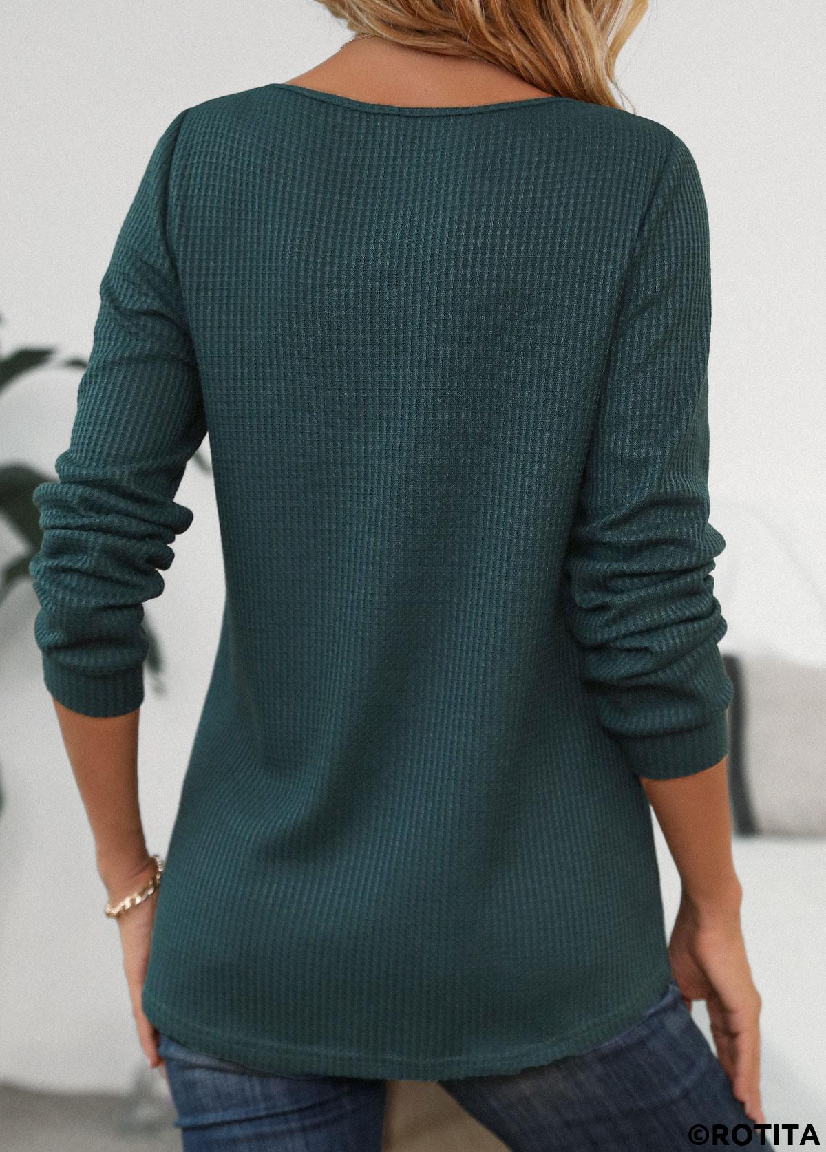 Blackish Green tops,Plain Color tops,ROTITA Patchwork Blackish Green Scoop Neck Long Sleeve T Shirt