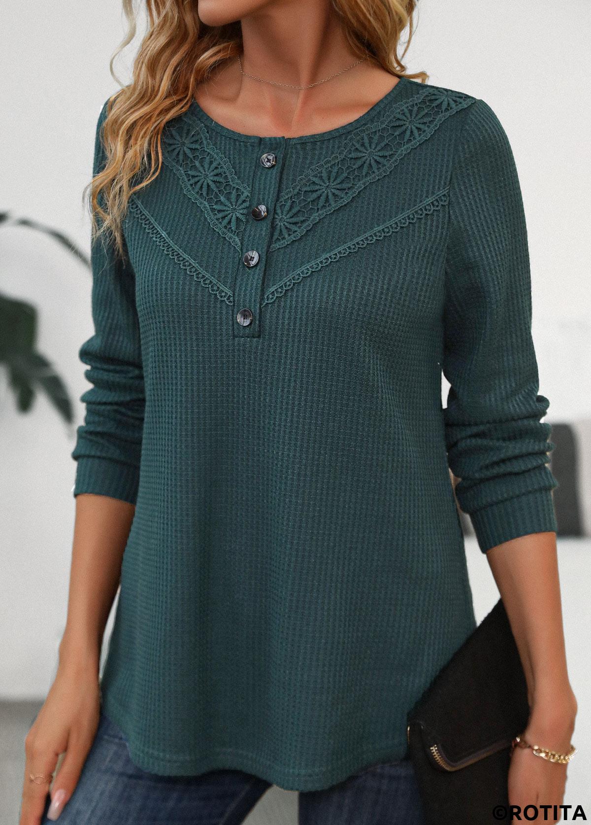 Blackish Green tops,Plain Color tops,ROTITA Patchwork Blackish Green Scoop Neck Long Sleeve T Shirt