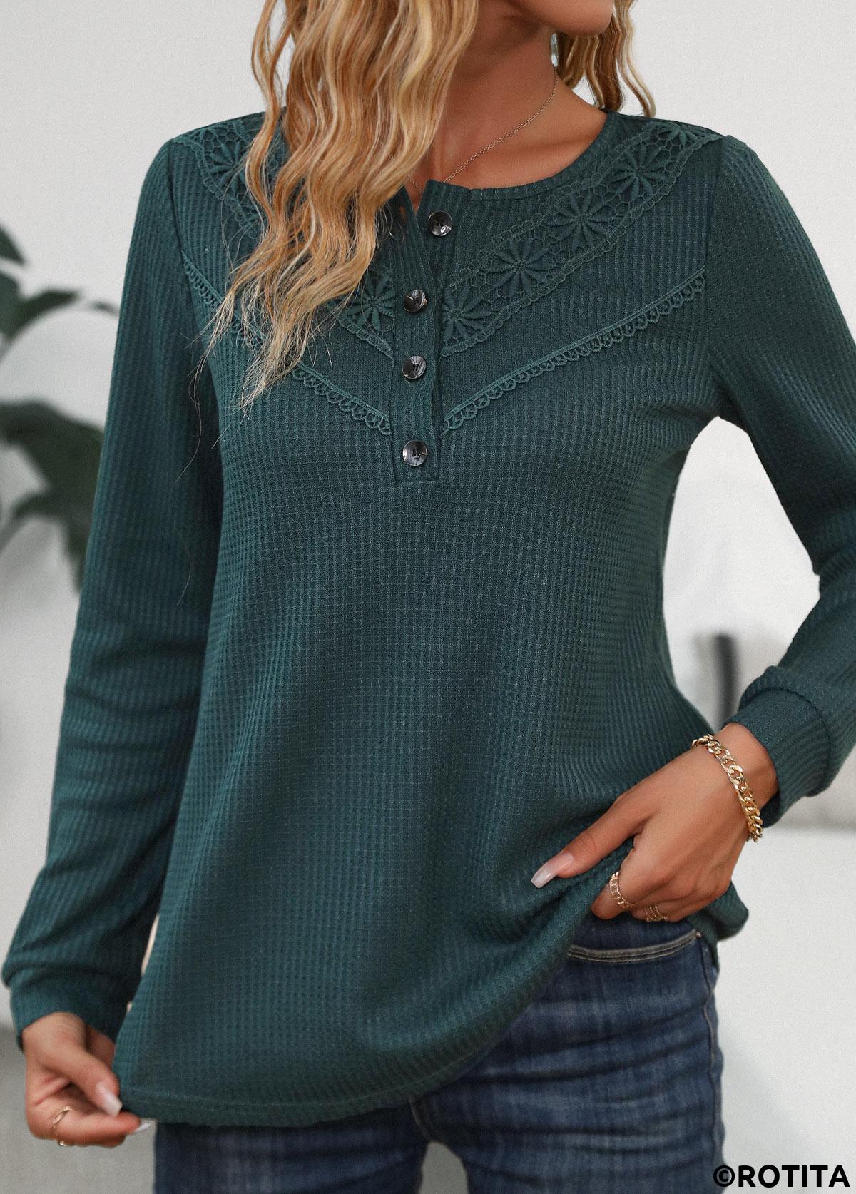 Blackish Green tops,Plain Color tops,ROTITA Patchwork Blackish Green Scoop Neck Long Sleeve T Shirt