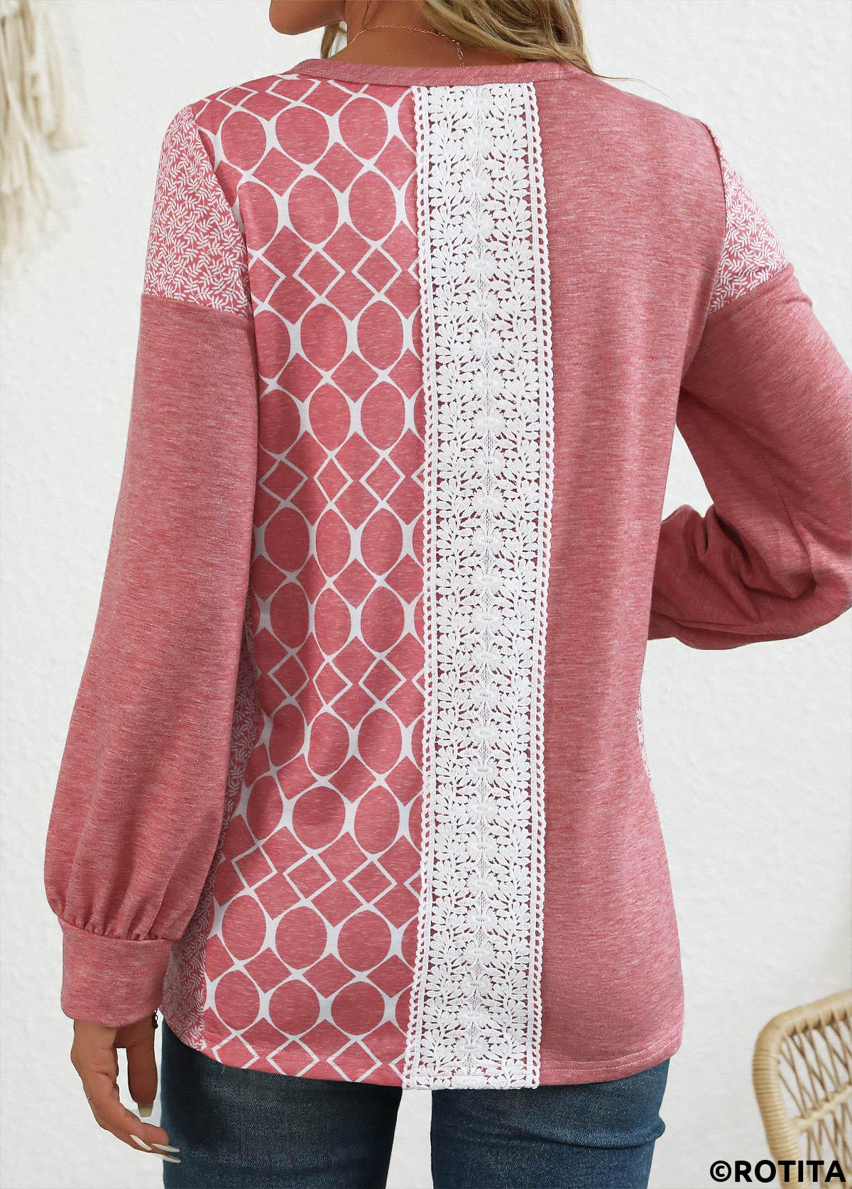 ROTITA Patchwork Geometric Print Pink Round Neck Long Sleeve Sweatshirt