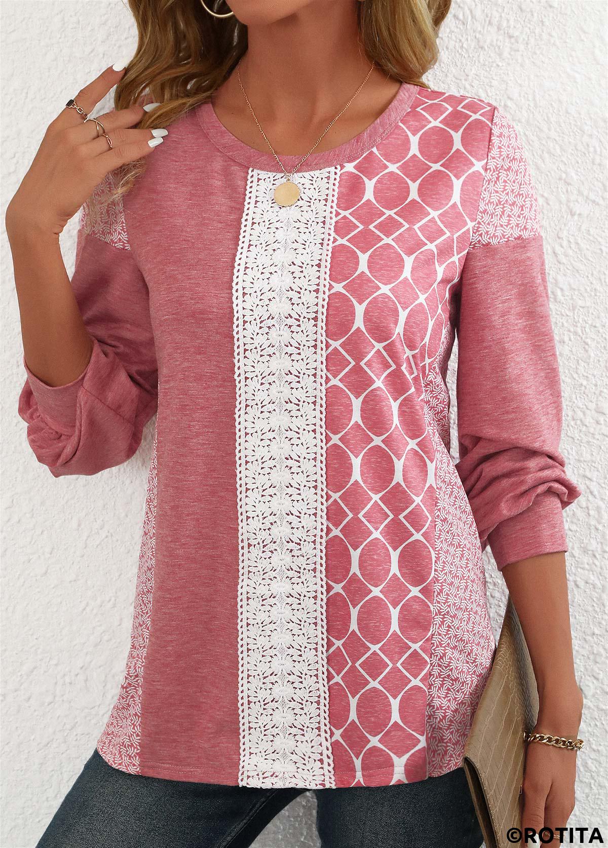 ROTITA Patchwork Geometric Print Pink Round Neck Long Sleeve Sweatshirt