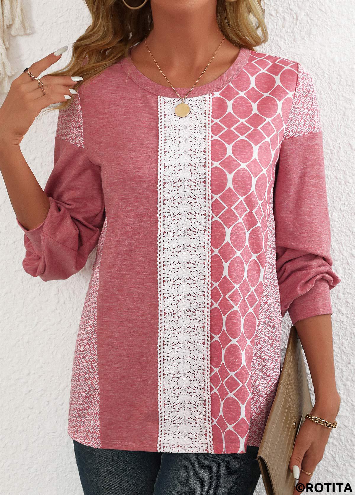 ROTITA Patchwork Geometric Print Pink Round Neck Long Sleeve Sweatshirt