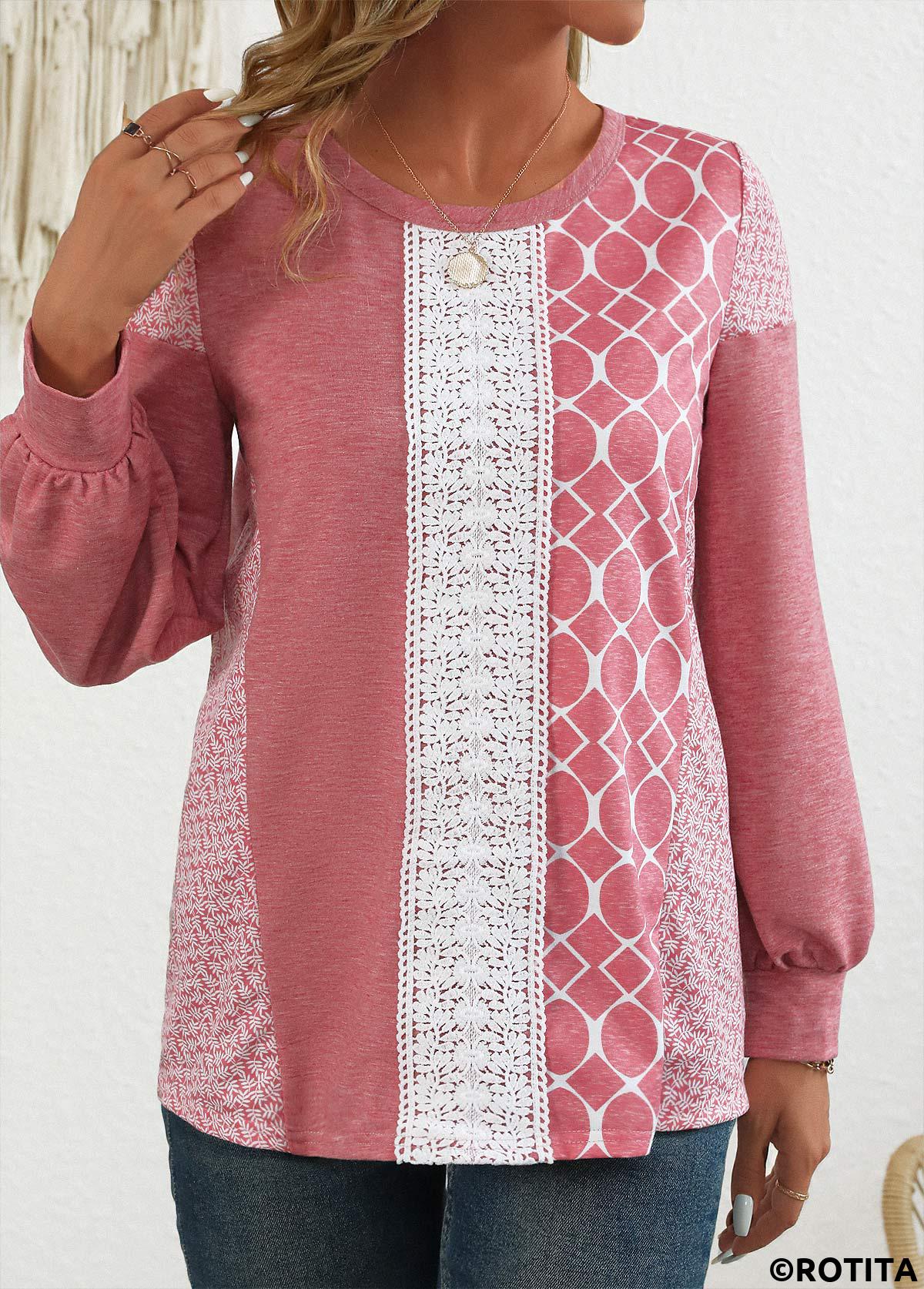 ROTITA Patchwork Geometric Print Pink Round Neck Long Sleeve Sweatshirt