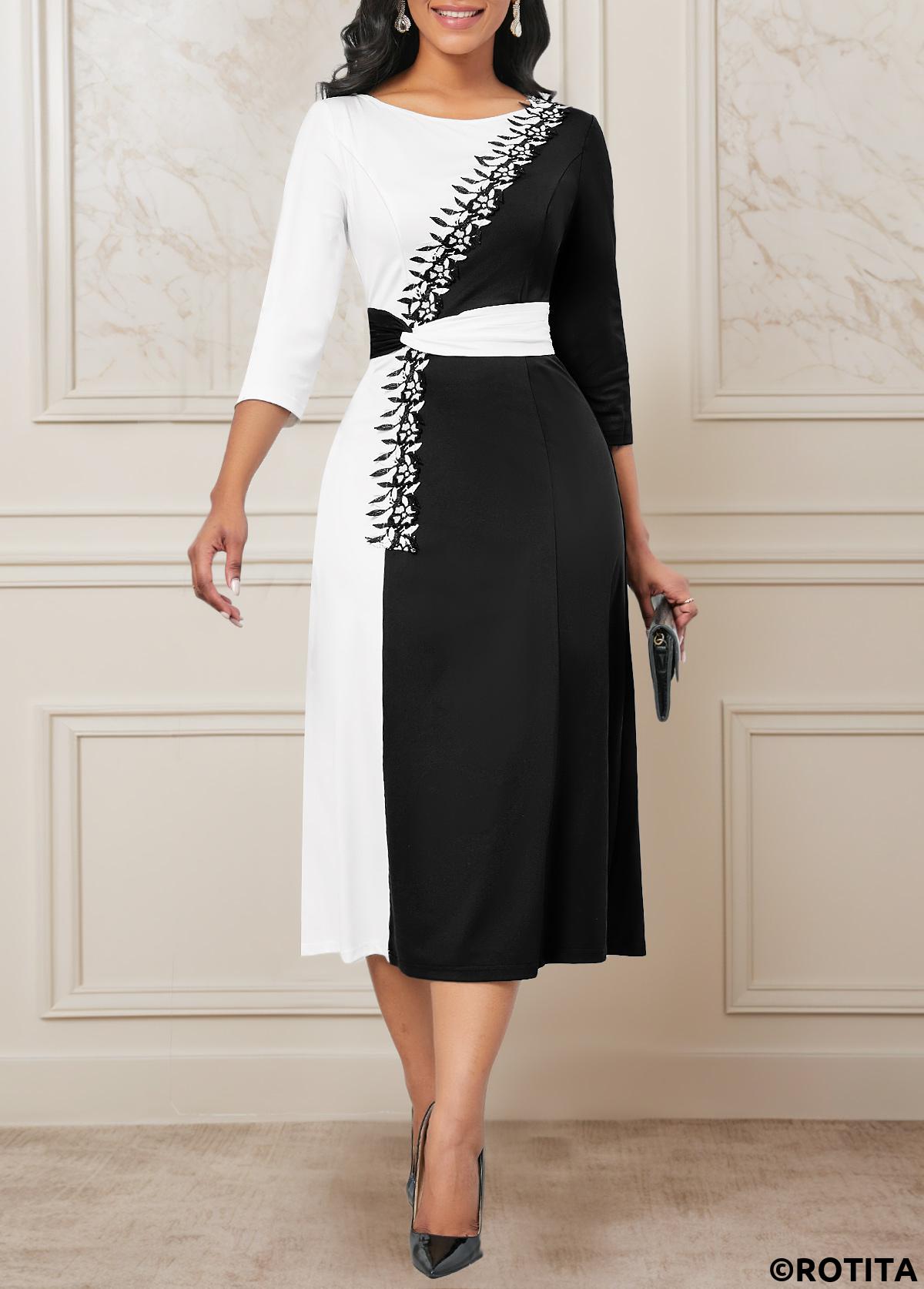 Black dresses,White dresses,Contrast Color dresses,Party dresses,Elegant dresses,ROTITA Patchwork Black Three Quarter Length Sleeve Dress