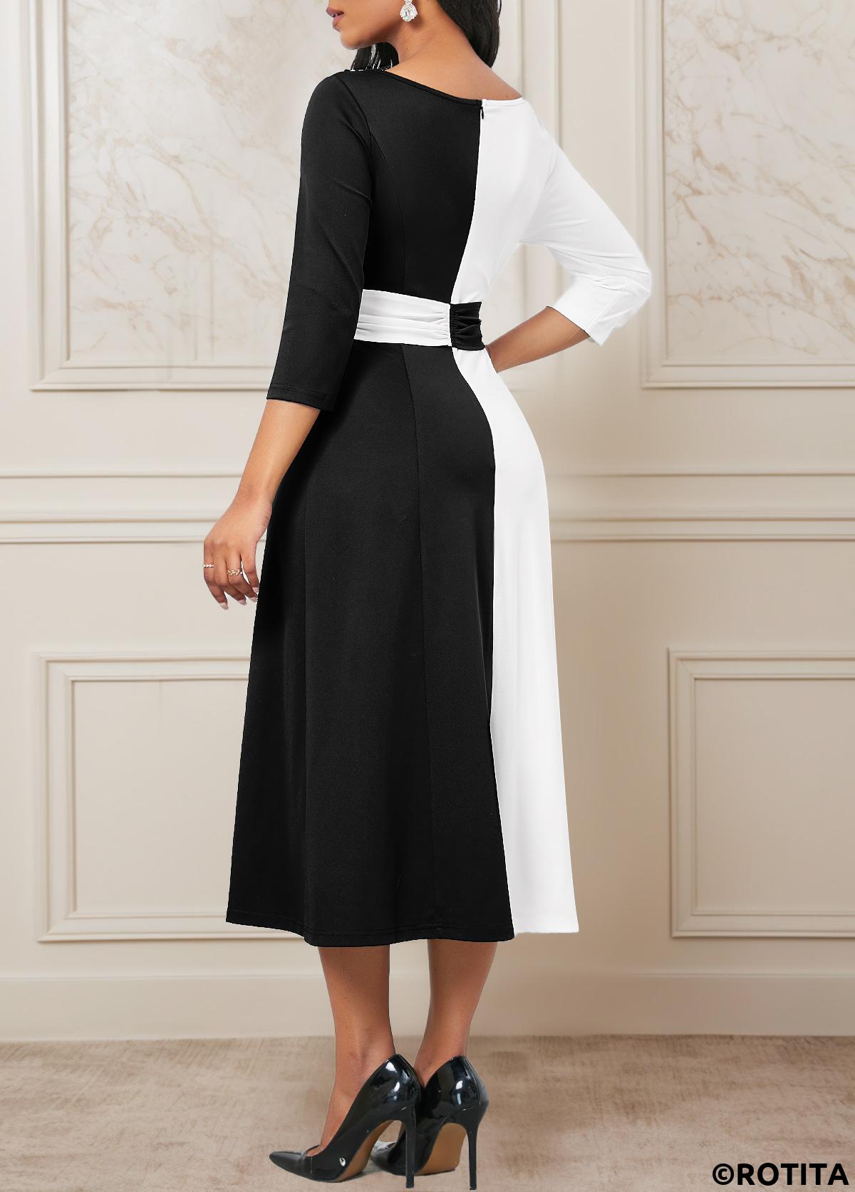 Black dresses,White dresses,Contrast Color dresses,Party dresses,Elegant dresses,ROTITA Patchwork Black Three Quarter Length Sleeve Dress