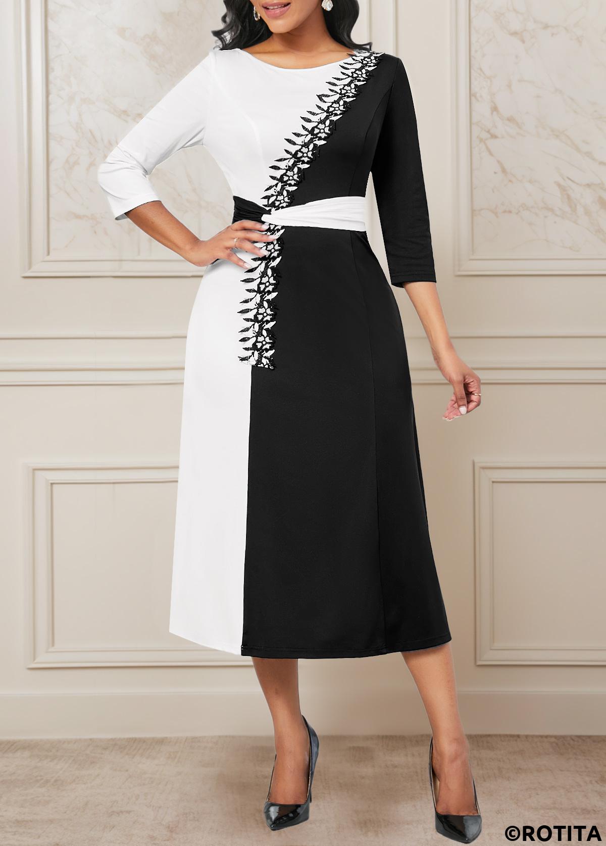 Black dresses,White dresses,Contrast Color dresses,Party dresses,Elegant dresses,ROTITA Patchwork Black Three Quarter Length Sleeve Dress