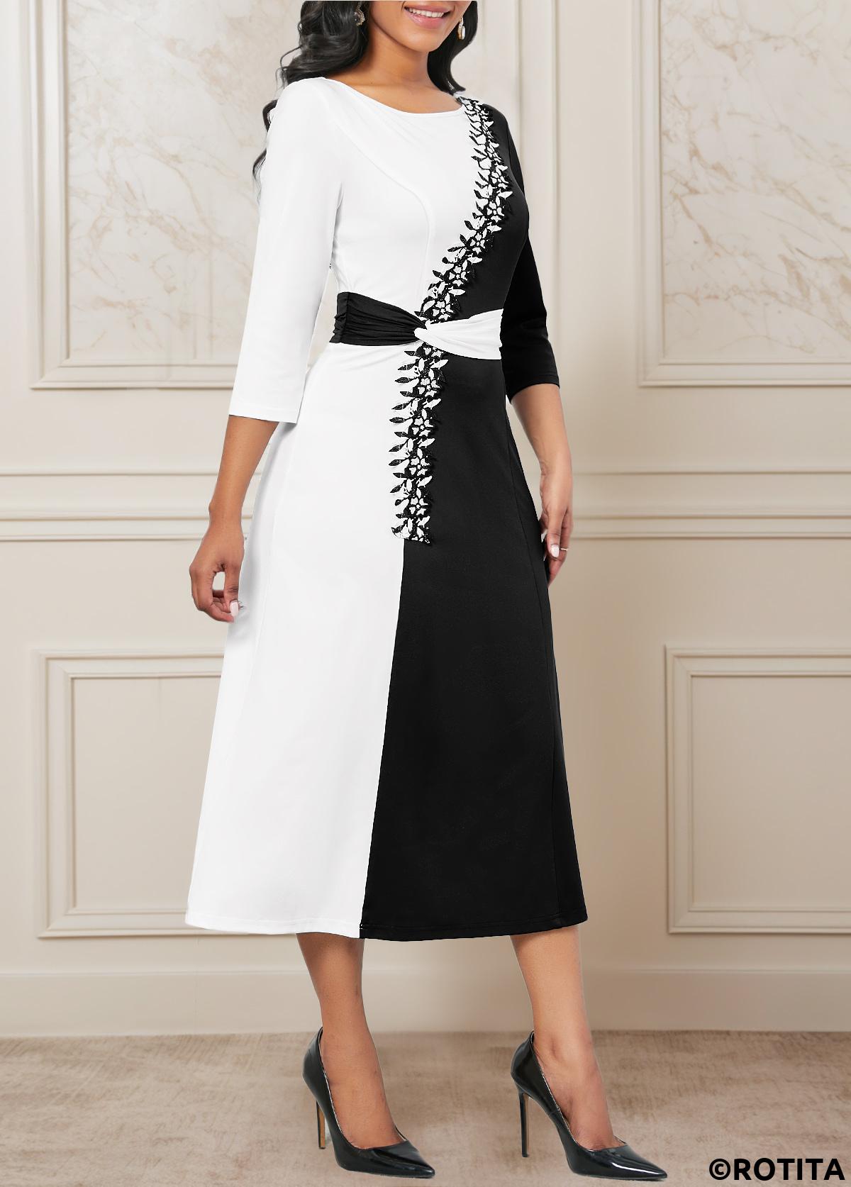 Black dresses,White dresses,Contrast Color dresses,Party dresses,Elegant dresses,ROTITA Patchwork Black Three Quarter Length Sleeve Dress