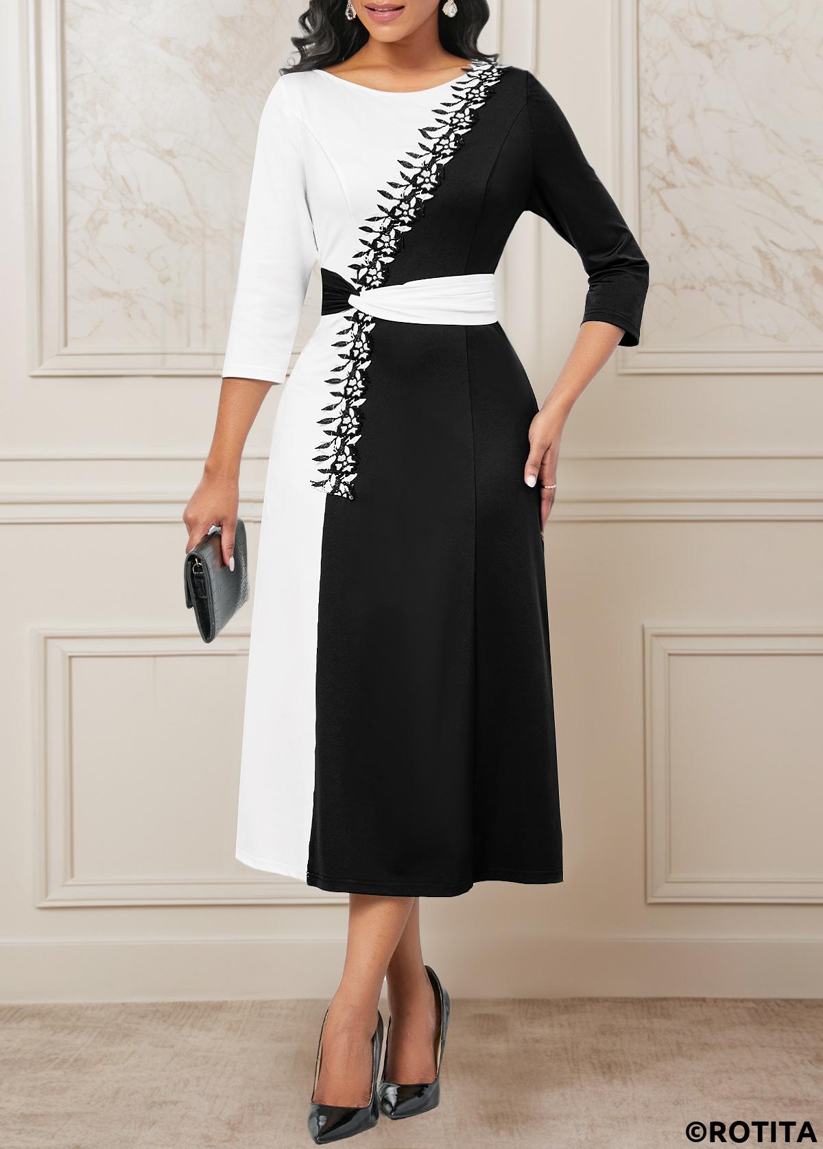 Black dresses,White dresses,Contrast Color dresses,Party dresses,Elegant dresses,ROTITA Patchwork Black Three Quarter Length Sleeve Dress