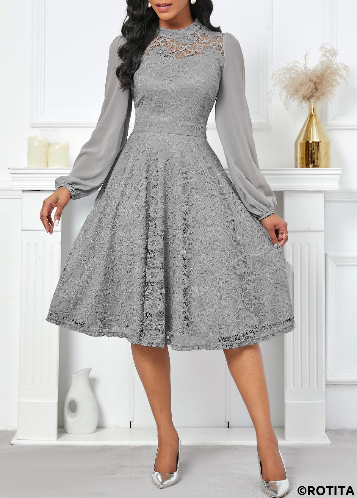 Grey dresses,Plain Color dresses,Party dresses,Elegant dresses,ROTITA Lace Grey Stand Collar Long Sleeve Dress
