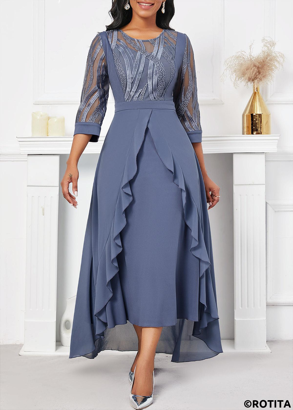 Dusty Blue dresses,Plain Color dresses,Party dresses,Elegant dresses,ROTITA Embroidery Dusty Blue High Low Round Neck Dress