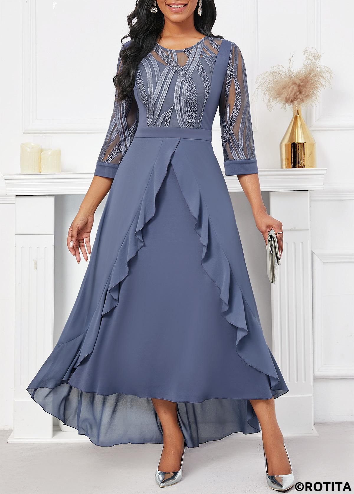 Dusty Blue dresses,Plain Color dresses,Party dresses,Elegant dresses,ROTITA Embroidery Dusty Blue High Low Round Neck Dress
