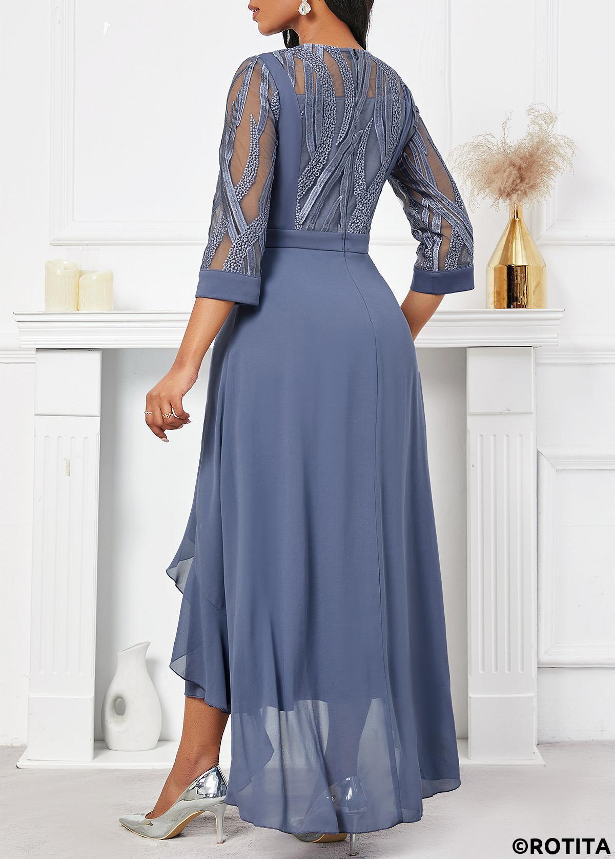 Dusty Blue dresses,Plain Color dresses,Party dresses,Elegant dresses,ROTITA Embroidery Dusty Blue High Low Round Neck Dress