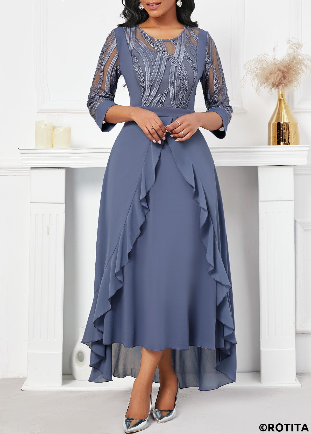 Dusty Blue dresses,Plain Color dresses,Party dresses,Elegant dresses,ROTITA Embroidery Dusty Blue High Low Round Neck Dress