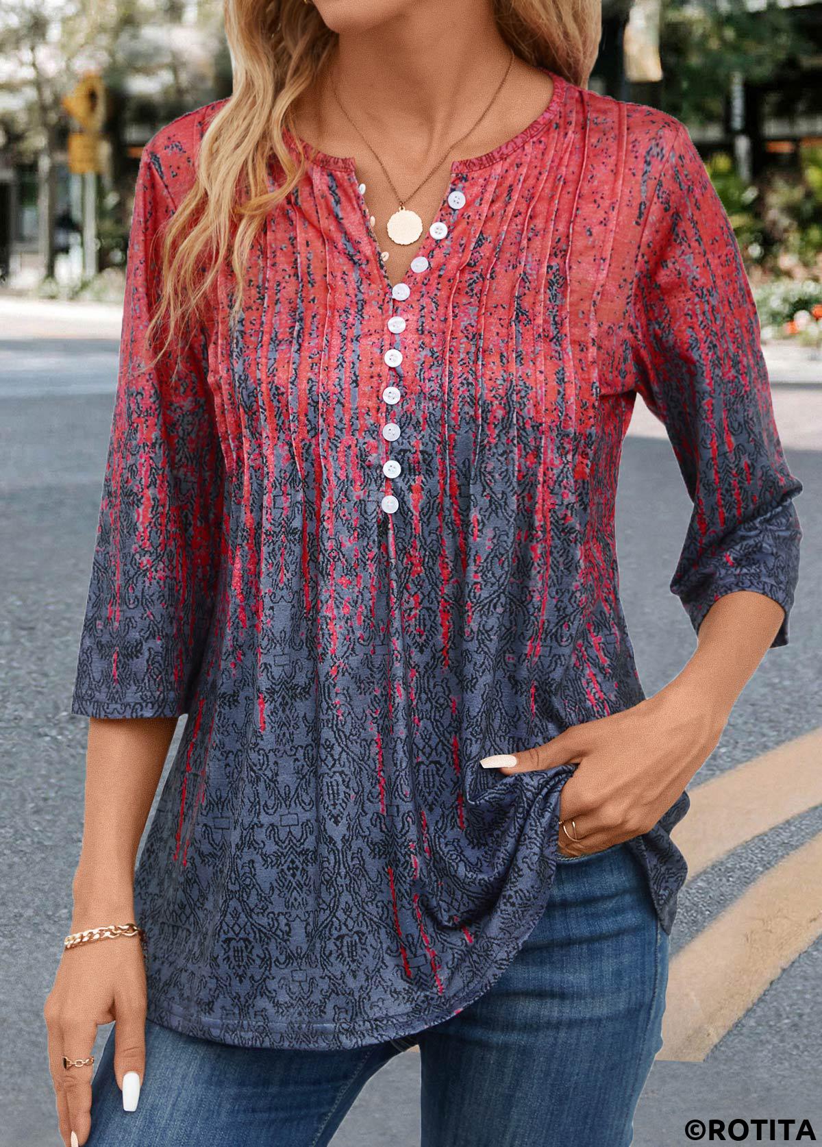 Korallenrotes T-Shirt mit Rotita-Tuck-Stitch-Muster und zufälligem Blumendruck
