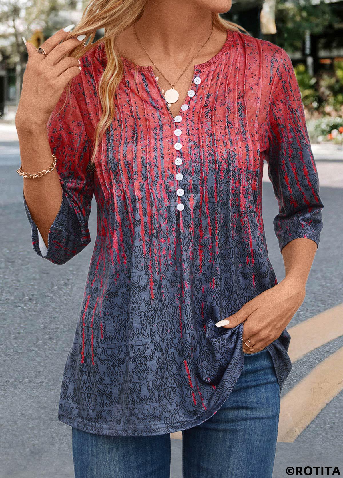Korallenrotes T-Shirt mit Rotita-Tuck-Stitch-Muster und zufälligem Blumendruck