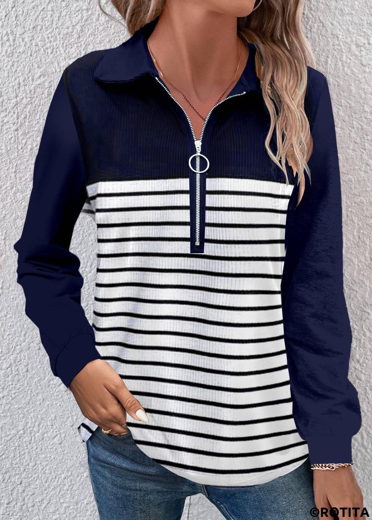 Navy tops,White tops,Striped tops,ROTITA Zipper Striped Navy Turn Down Collar T Shirt