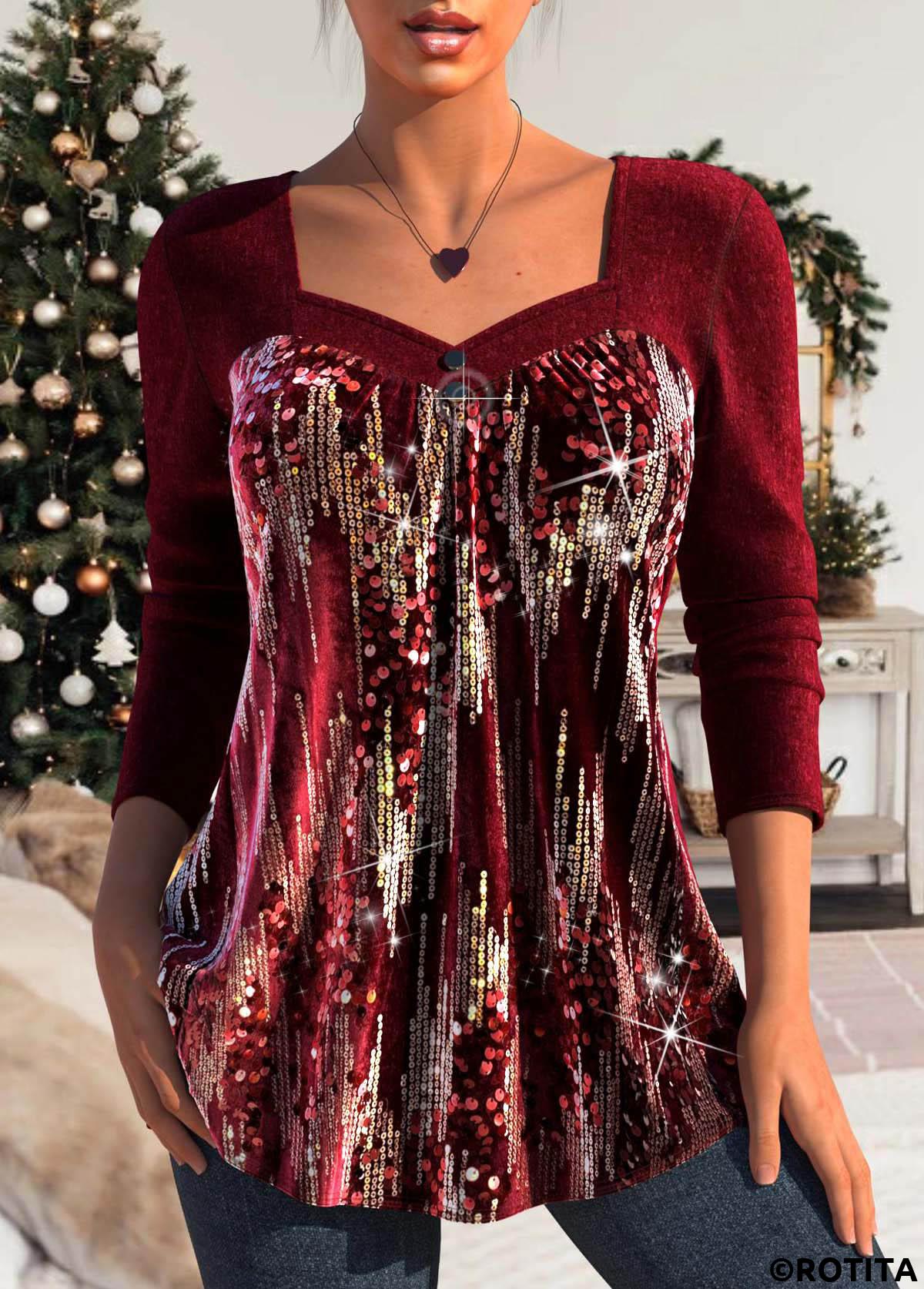 Wine Red tops,Plain Color tops,ROTITA Patchwork Wine Red Heart Collar Long Sleeve T Shirt