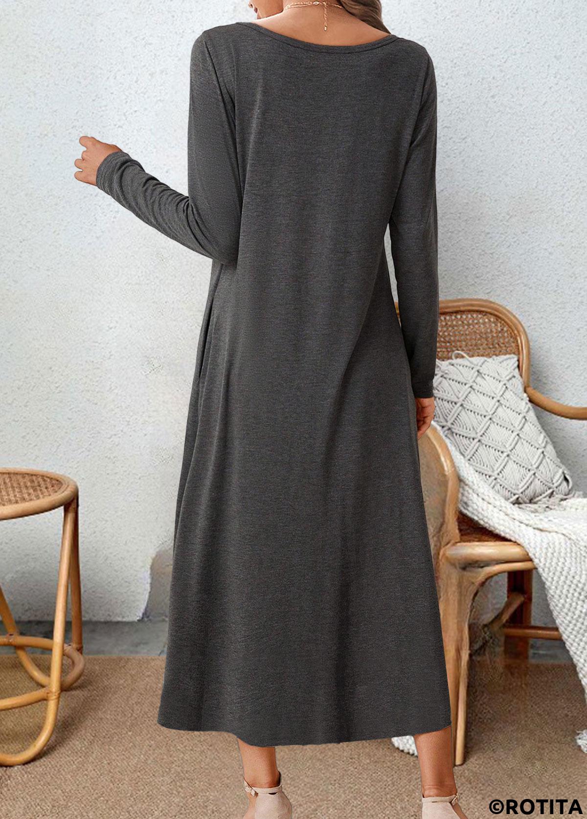 Dark Grey dresses,Leopard dresses,Animal Print dresses,Everyday dresses,Casual dresses,ROTITA Asymmetry Leopard Dark Grey A Line Round Neck Dress