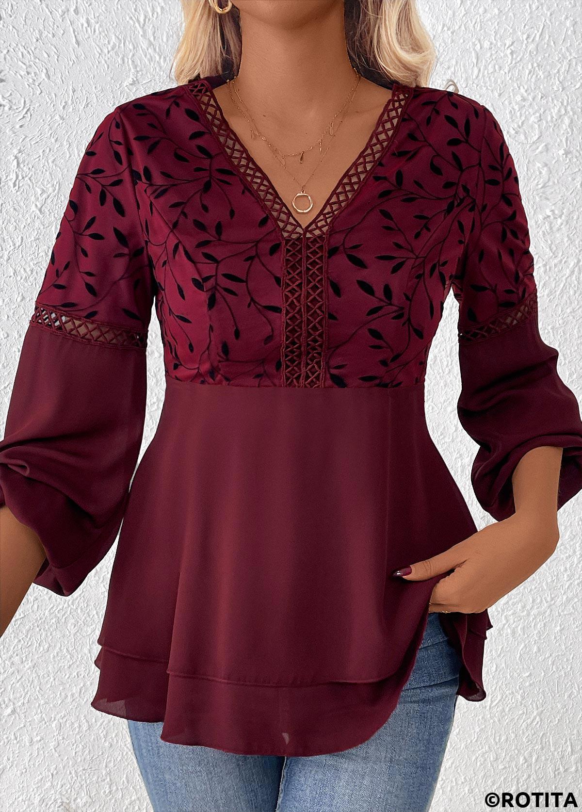 Wine Red tops,Plants tops,ROTITA Patchwork Leaf Print Wine Red V Neck Blouse
