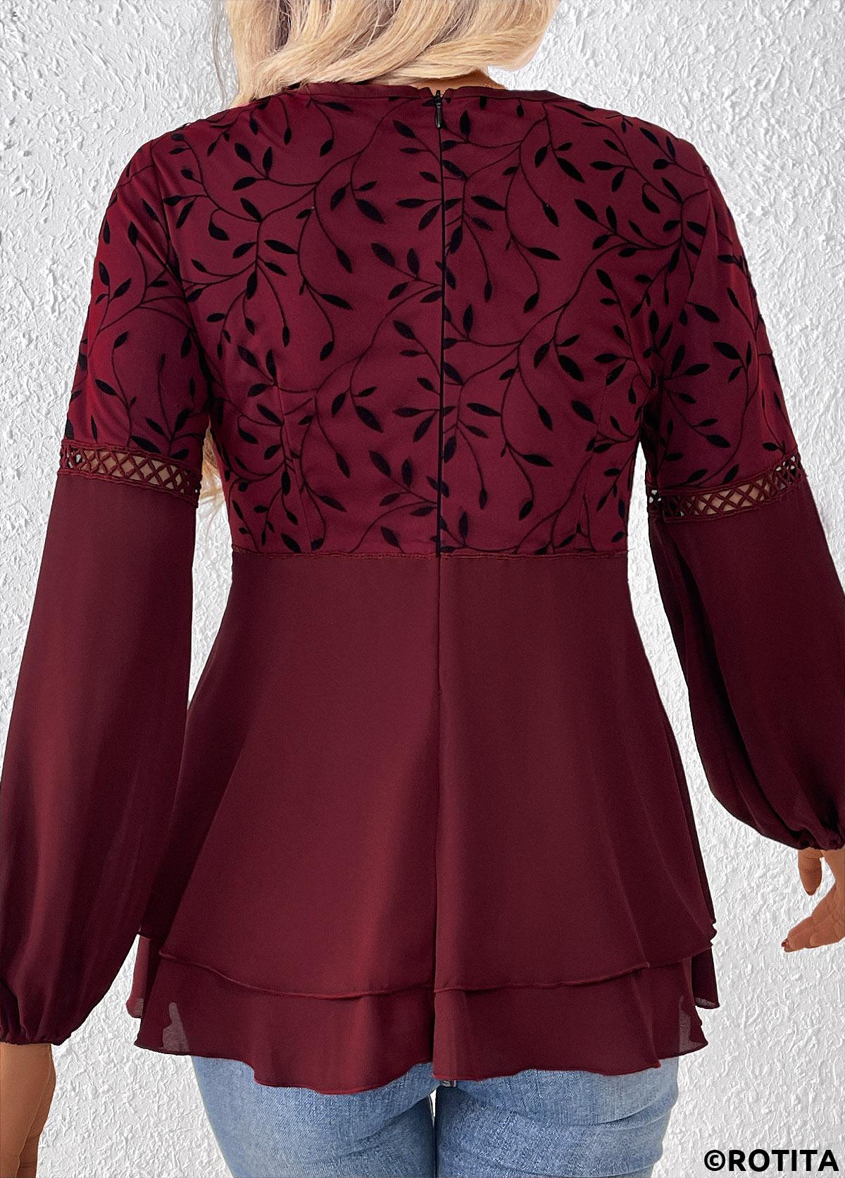 Wine Red tops,Plants tops,ROTITA Patchwork Leaf Print Wine Red V Neck Blouse