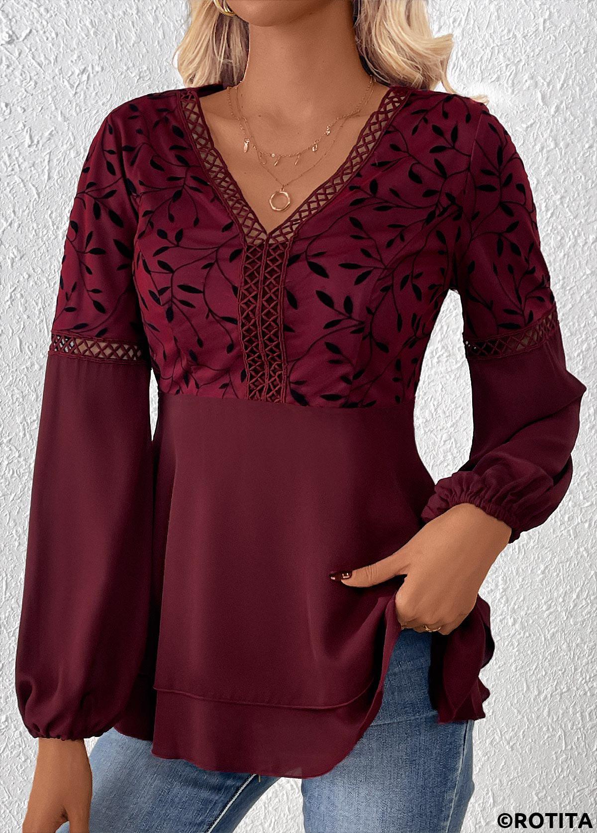 Wine Red tops,Plants tops,ROTITA Patchwork Leaf Print Wine Red V Neck Blouse