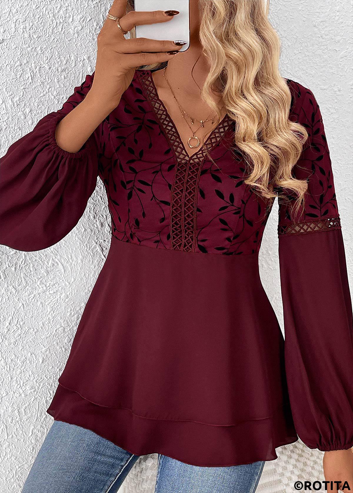 Wine Red tops,Plants tops,ROTITA Patchwork Leaf Print Wine Red V Neck Blouse