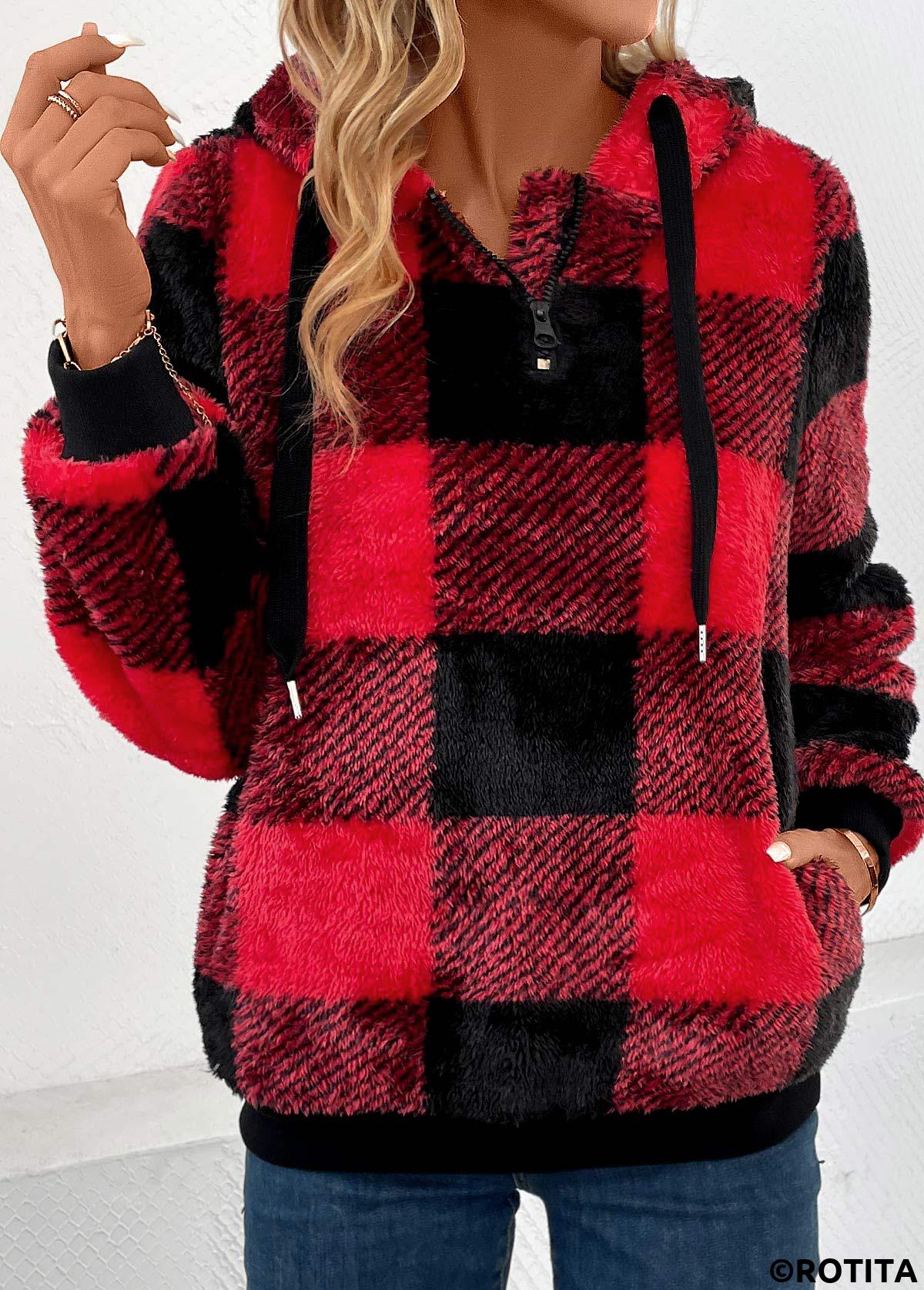 Red tops,Plaid tops,Geometric tops,Striped tops,ROTITA Pocket Plaid Red Hooded Long Sleeve Sweatshirt