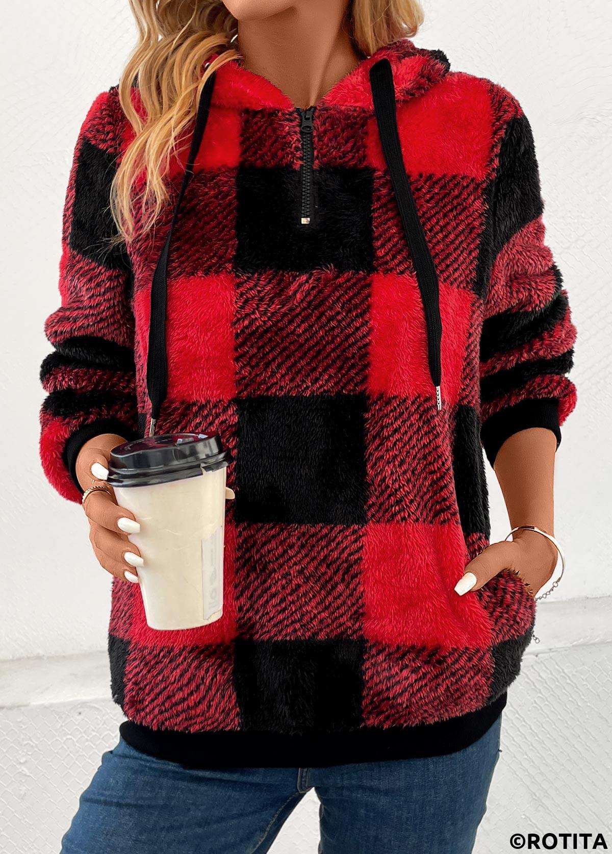 Red tops,Plaid tops,Geometric tops,Striped tops,ROTITA Pocket Plaid Red Hooded Long Sleeve Sweatshirt