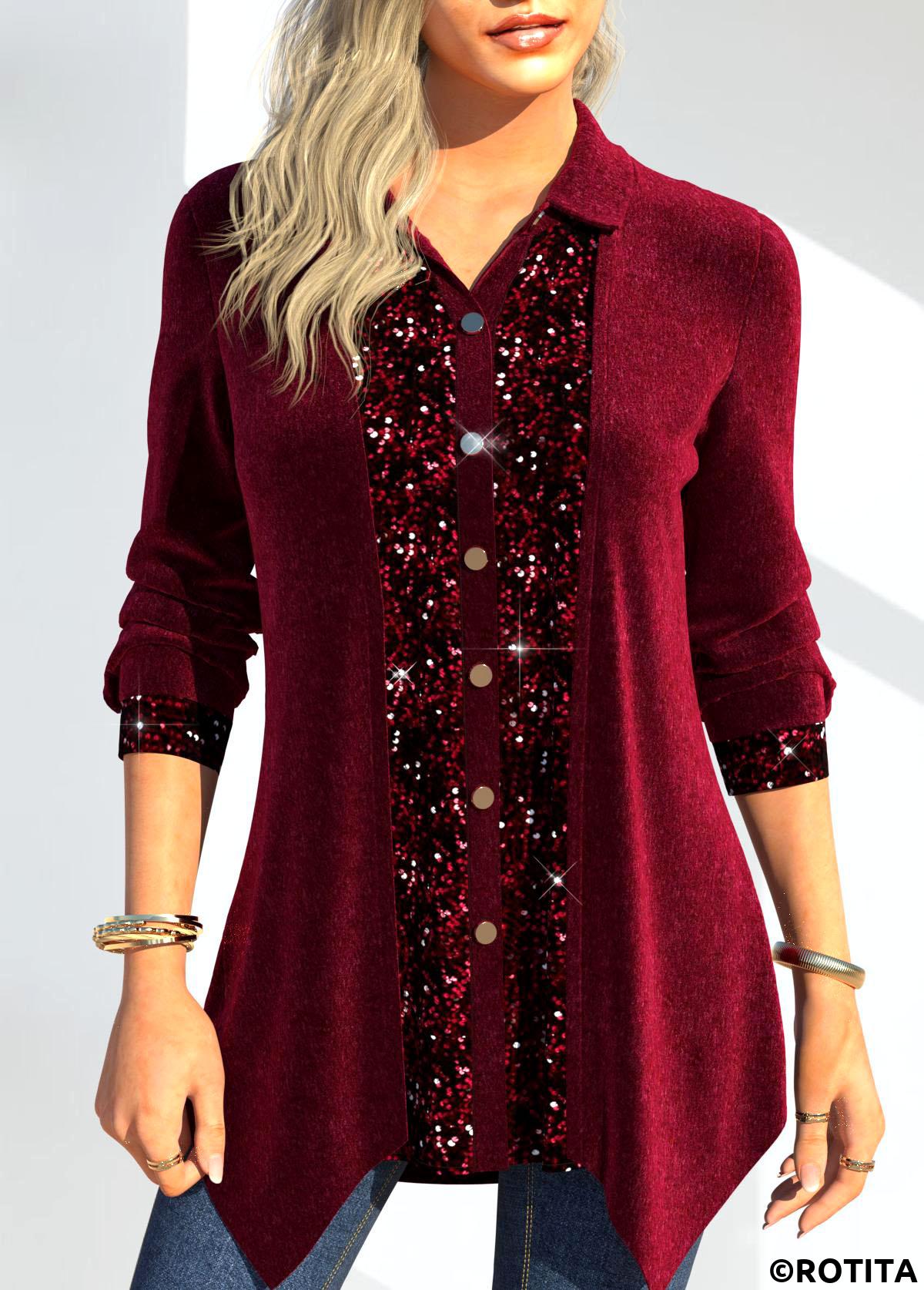 Wine Red tops,Plain Color tops,ROTITA Velvet Wine Red Shirt Collar Long Sleeve Blouse