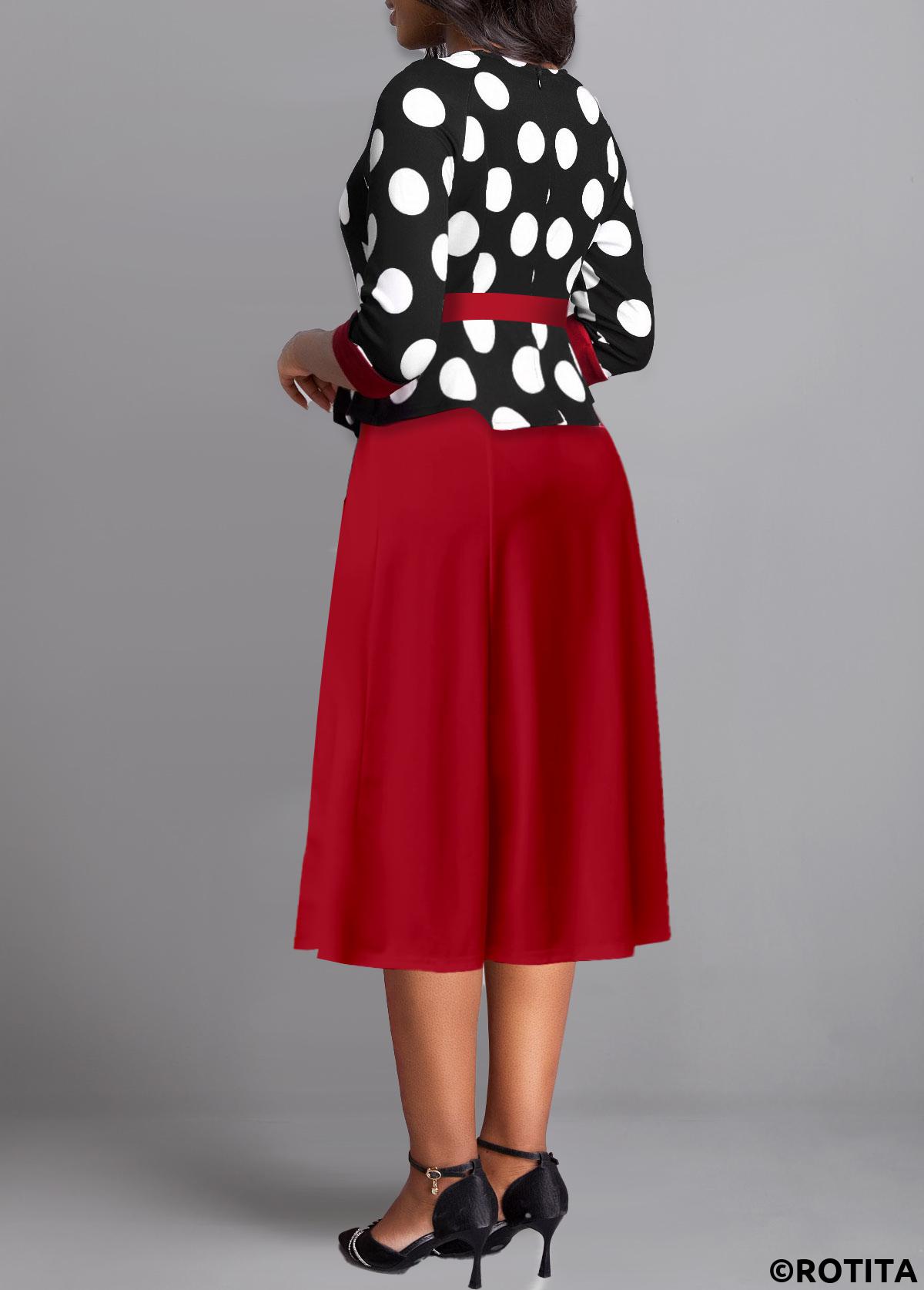 Wine Red dresses,Dot dresses,Party dresses,Elegant dresses,ROTITA Pearl Polka Dot Wine Red Round Neck Dress