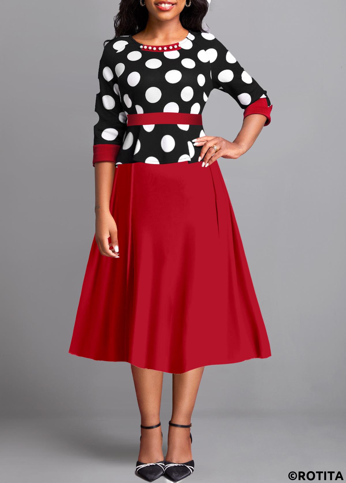 Wine Red dresses,Dot dresses,Party dresses,Elegant dresses,ROTITA Pearl Polka Dot Wine Red Round Neck Dress