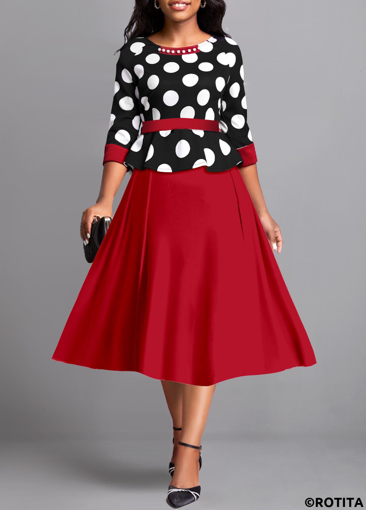 Wine Red dresses,Dot dresses,Party dresses,Elegant dresses,ROTITA Pearl Polka Dot Wine Red Round Neck Dress