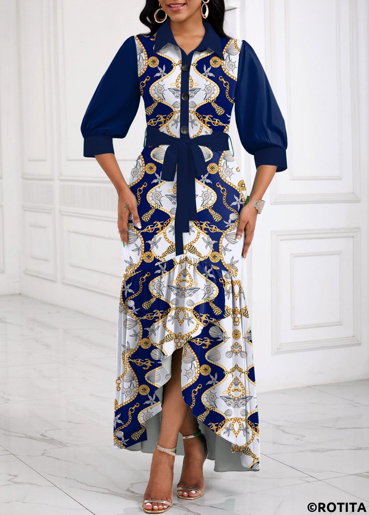 Navy dresses,Raw white dresses,Tribal dresses,Animal Print dresses,Party dresses,Elegant dresses,ROTITA Patchwork Tribal Print Navy Belted High Low Dress