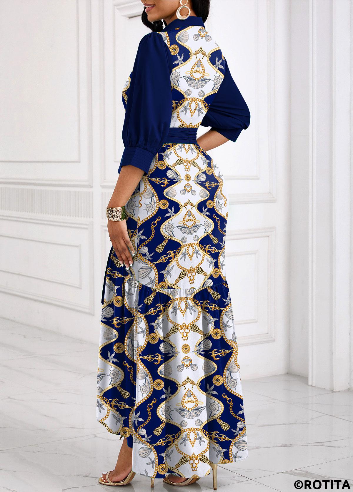 Navy dresses,Raw white dresses,Tribal dresses,Animal Print dresses,Party dresses,Elegant dresses,ROTITA Patchwork Tribal Print Navy Belted High Low Dress