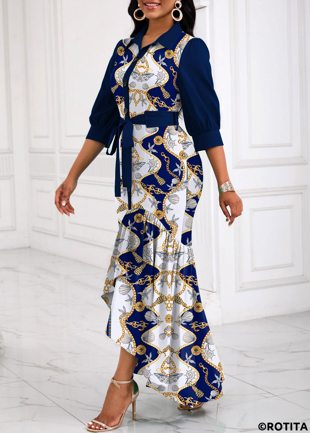 Navy dresses,Raw white dresses,Tribal dresses,Animal Print dresses,Party dresses,Elegant dresses,ROTITA Patchwork Tribal Print Navy Belted High Low Dress