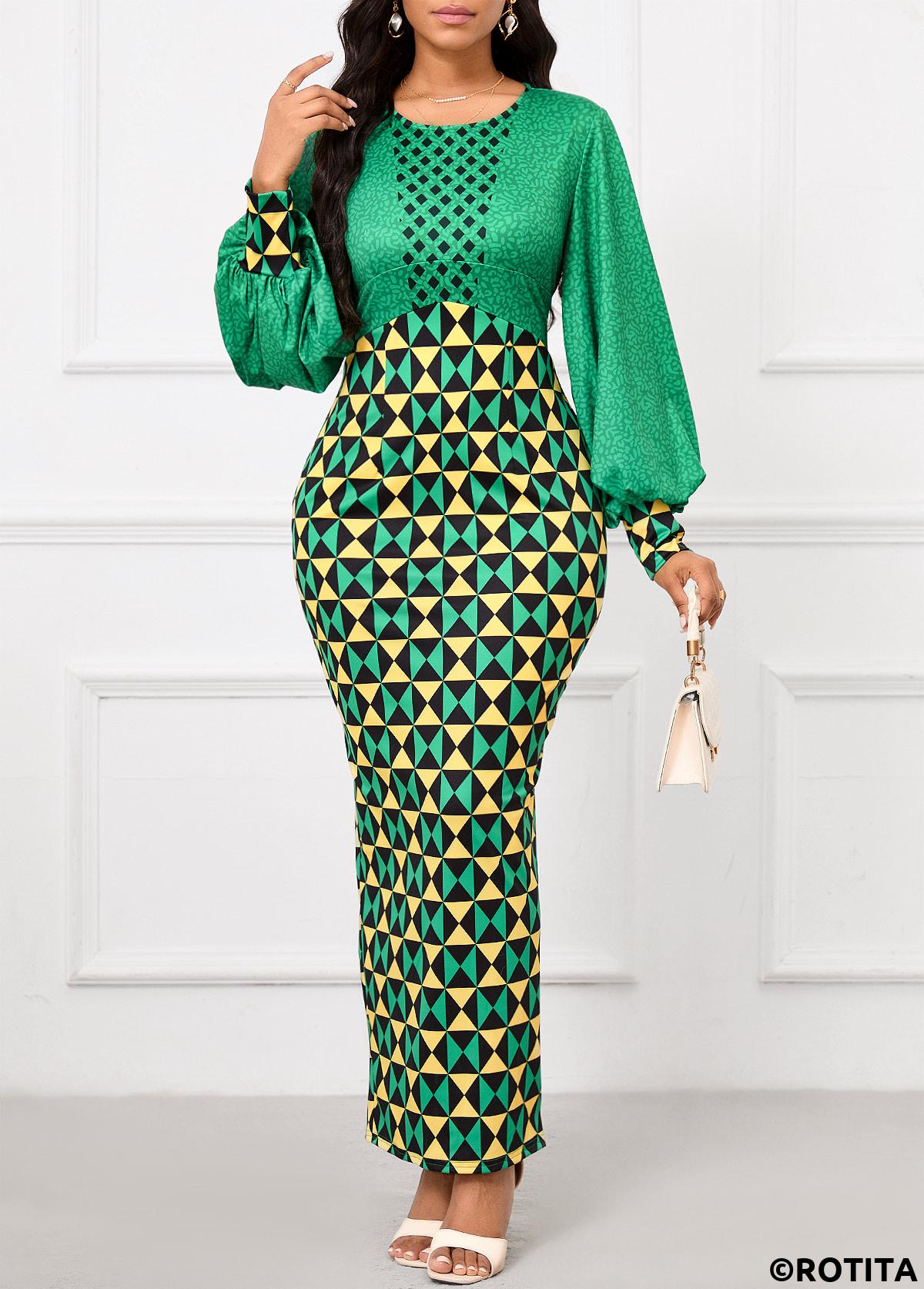 Green dresses,Light Yellow dresses,Geometric dresses,Party dresses,Elegant dresses,ROTITA Patchwork Geometric Print Green Maxi Bodycon Dress