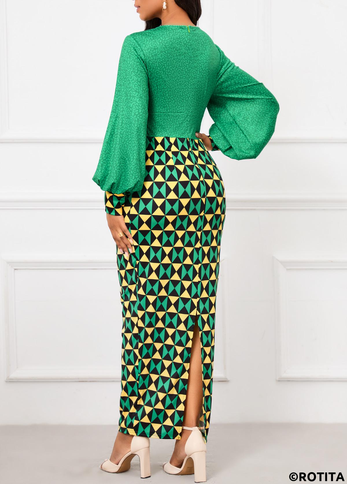 Green dresses,Light Yellow dresses,Geometric dresses,Party dresses,Elegant dresses,ROTITA Patchwork Geometric Print Green Maxi Bodycon Dress