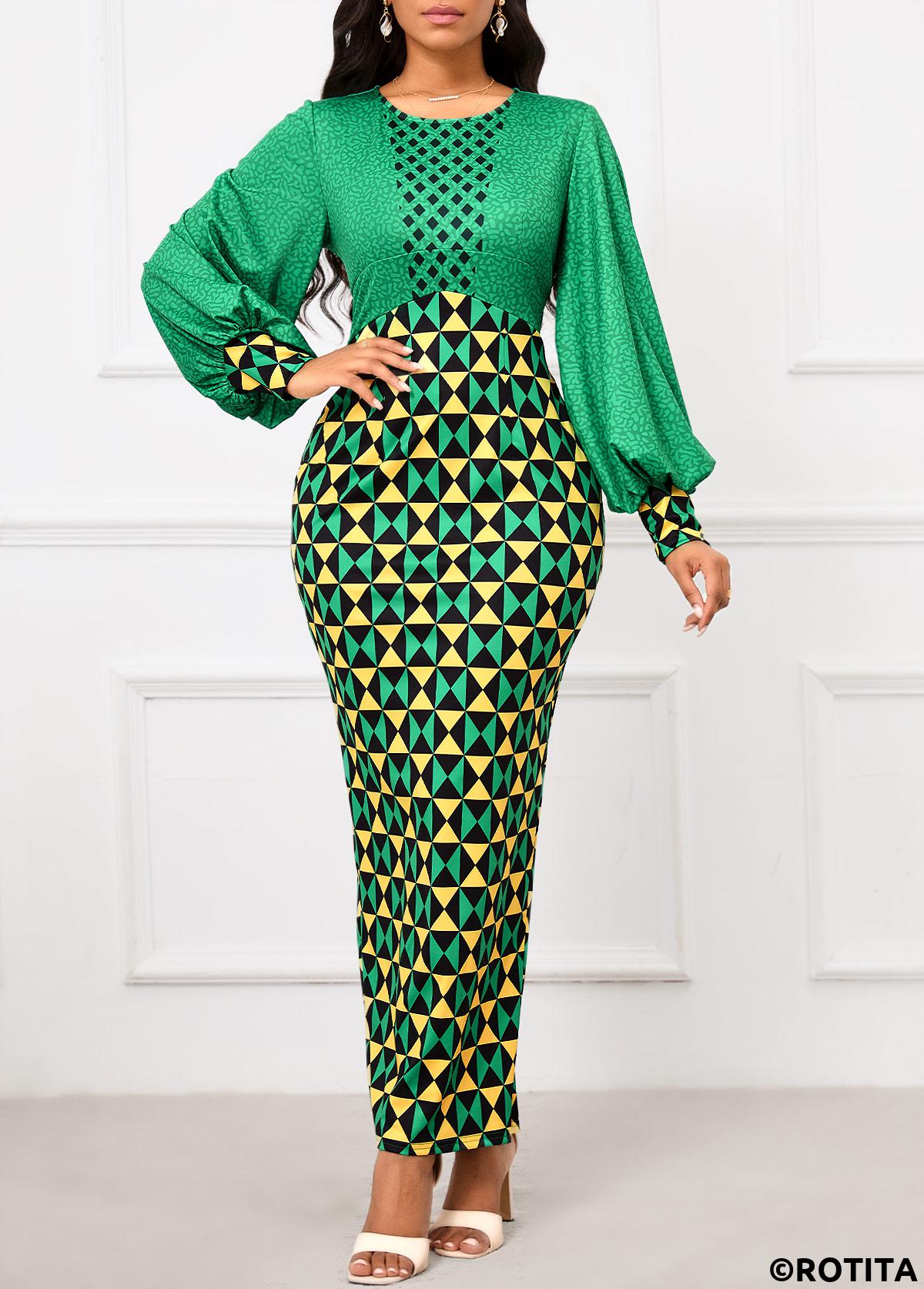 Green dresses,Light Yellow dresses,Geometric dresses,Party dresses,Elegant dresses,ROTITA Patchwork Geometric Print Green Maxi Bodycon Dress