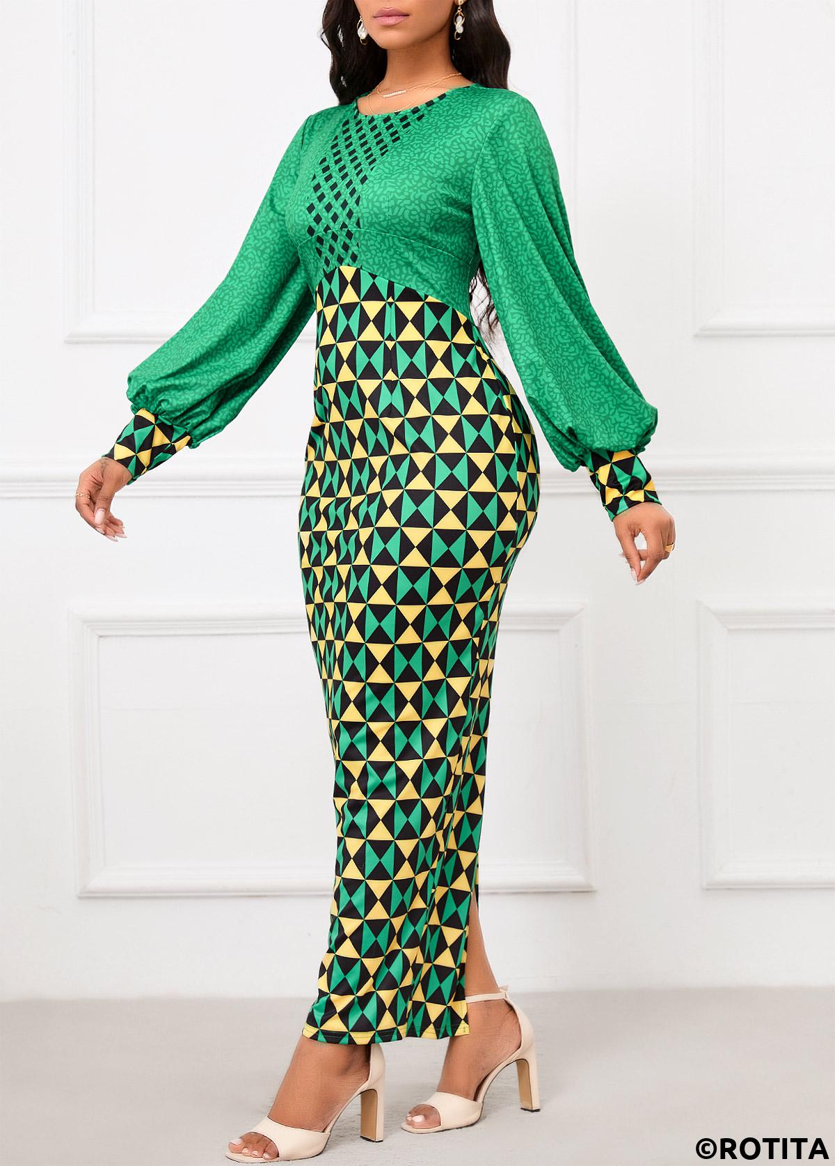 Green dresses,Light Yellow dresses,Geometric dresses,Party dresses,Elegant dresses,ROTITA Patchwork Geometric Print Green Maxi Bodycon Dress