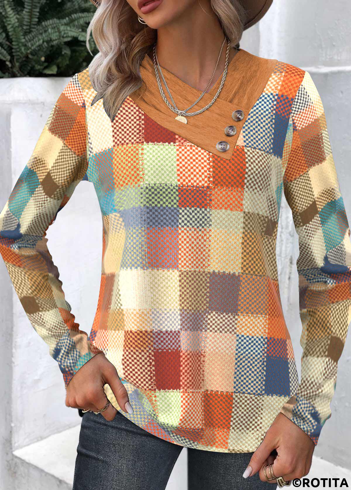 Rotita Patchwork-Sweatshirt mit geometrischem Print mehrfarbig asymmetrischer Ausschnitt
