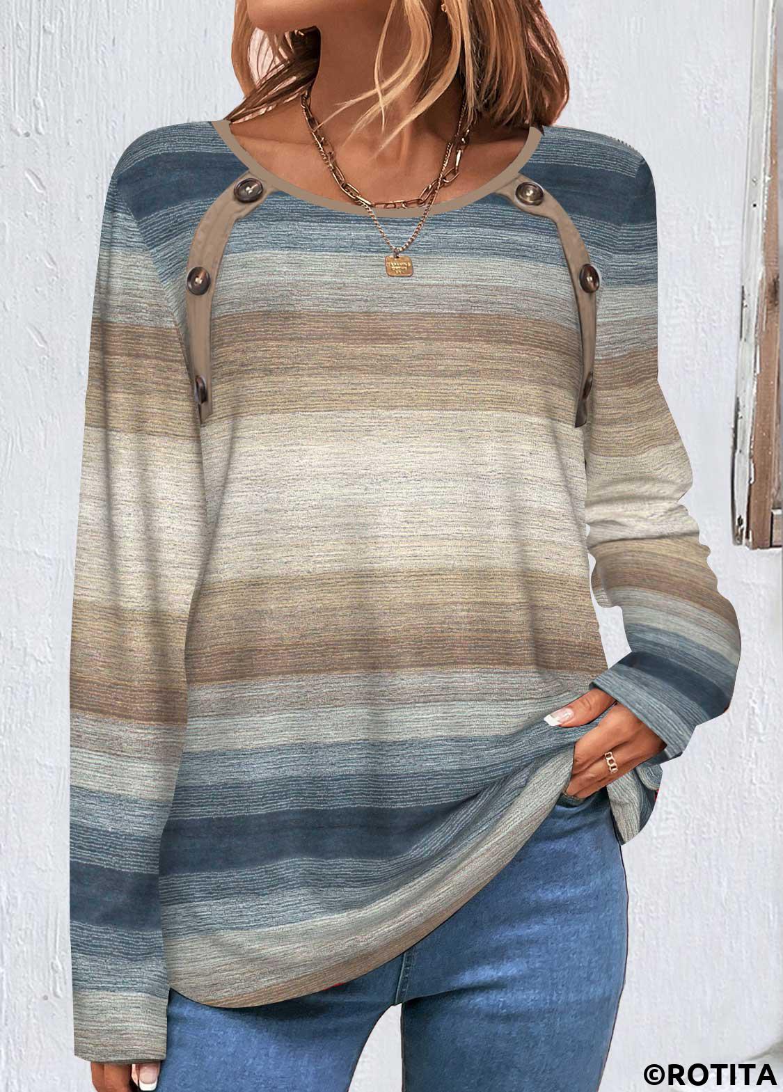 Rotita-Knöpfe gestreiftes mehrfarbiges Rundhals-T-Shirt