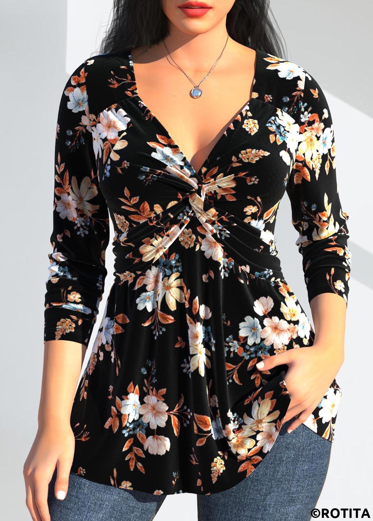 Black tops,Plants tops,Floral tops,ROTITA Twist Random Floral Print Black V Neck T Shirt