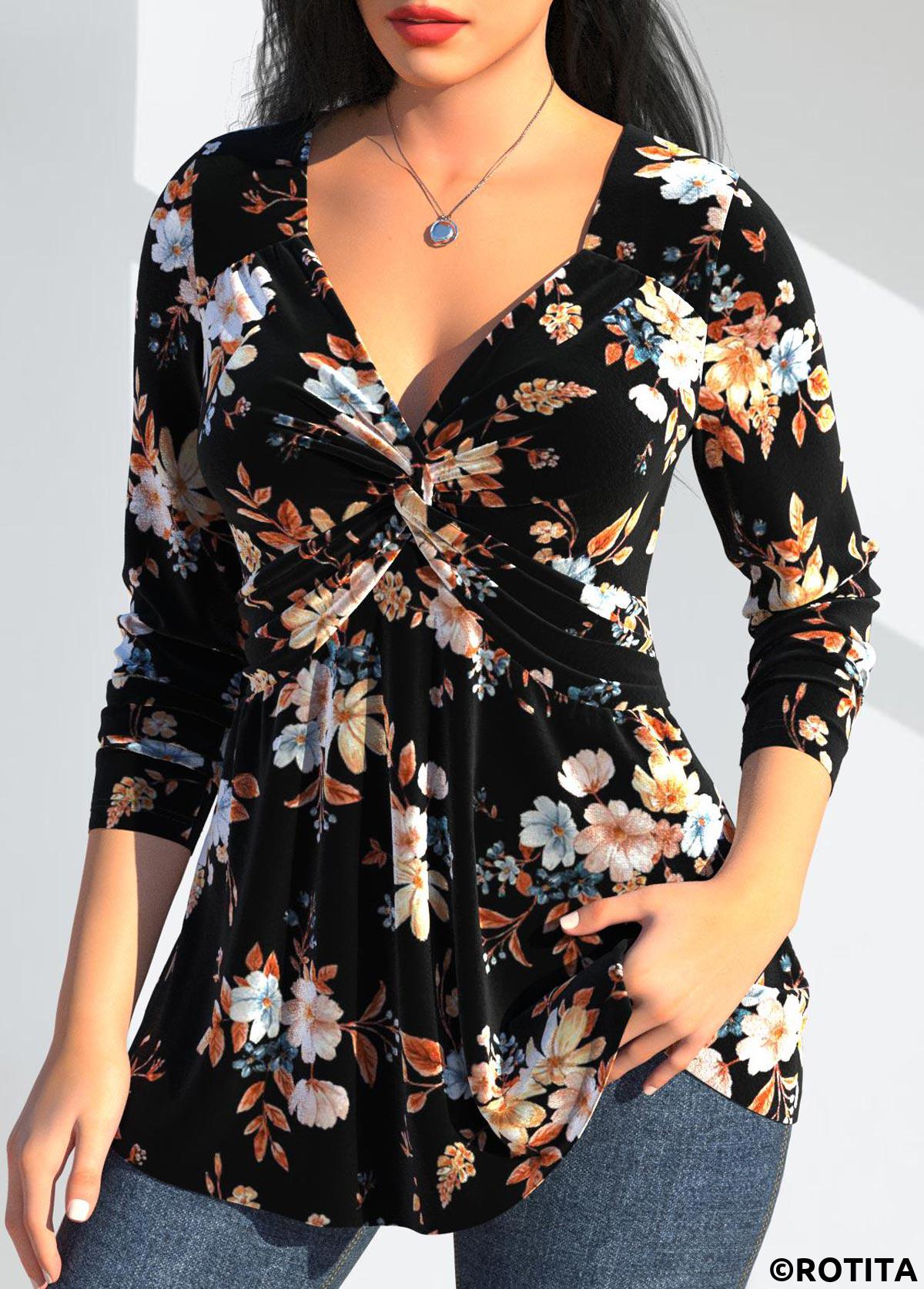 Black tops,Plants tops,Floral tops,ROTITA Twist Random Floral Print Black V Neck T Shirt