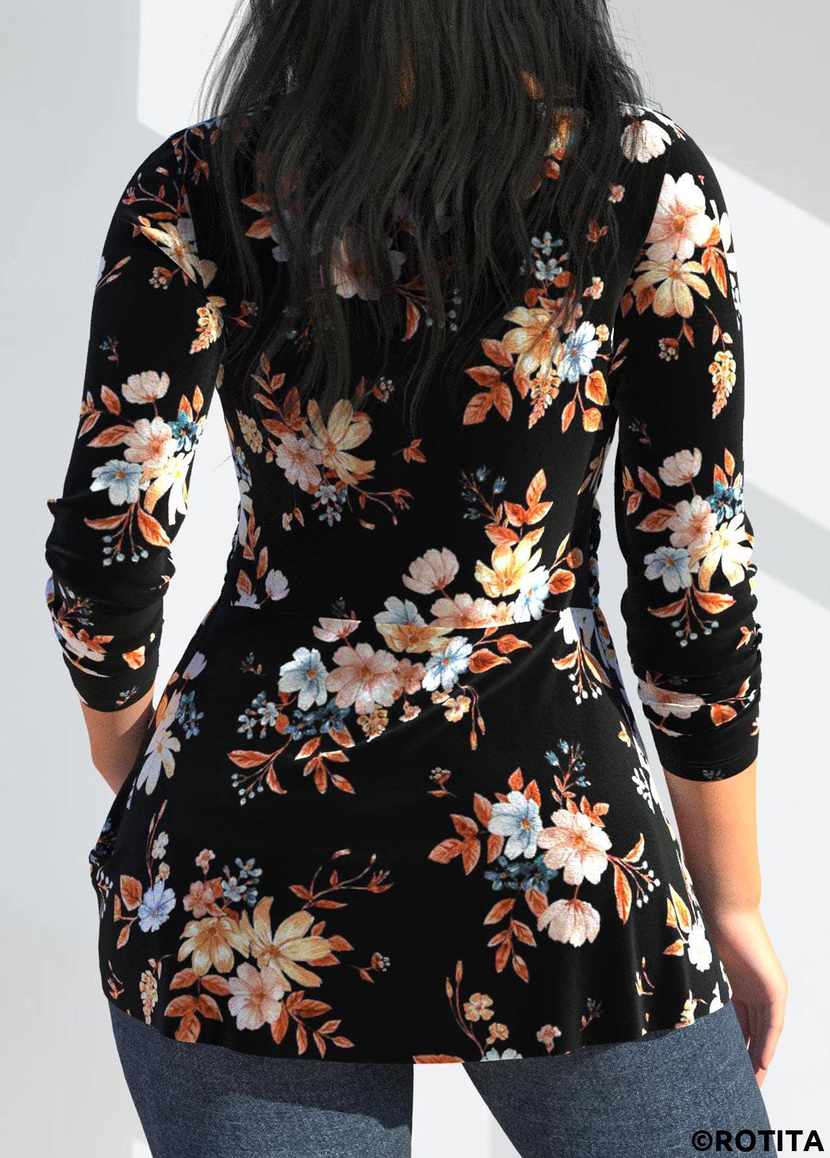 Black tops,Plants tops,Floral tops,ROTITA Twist Random Floral Print Black V Neck T Shirt