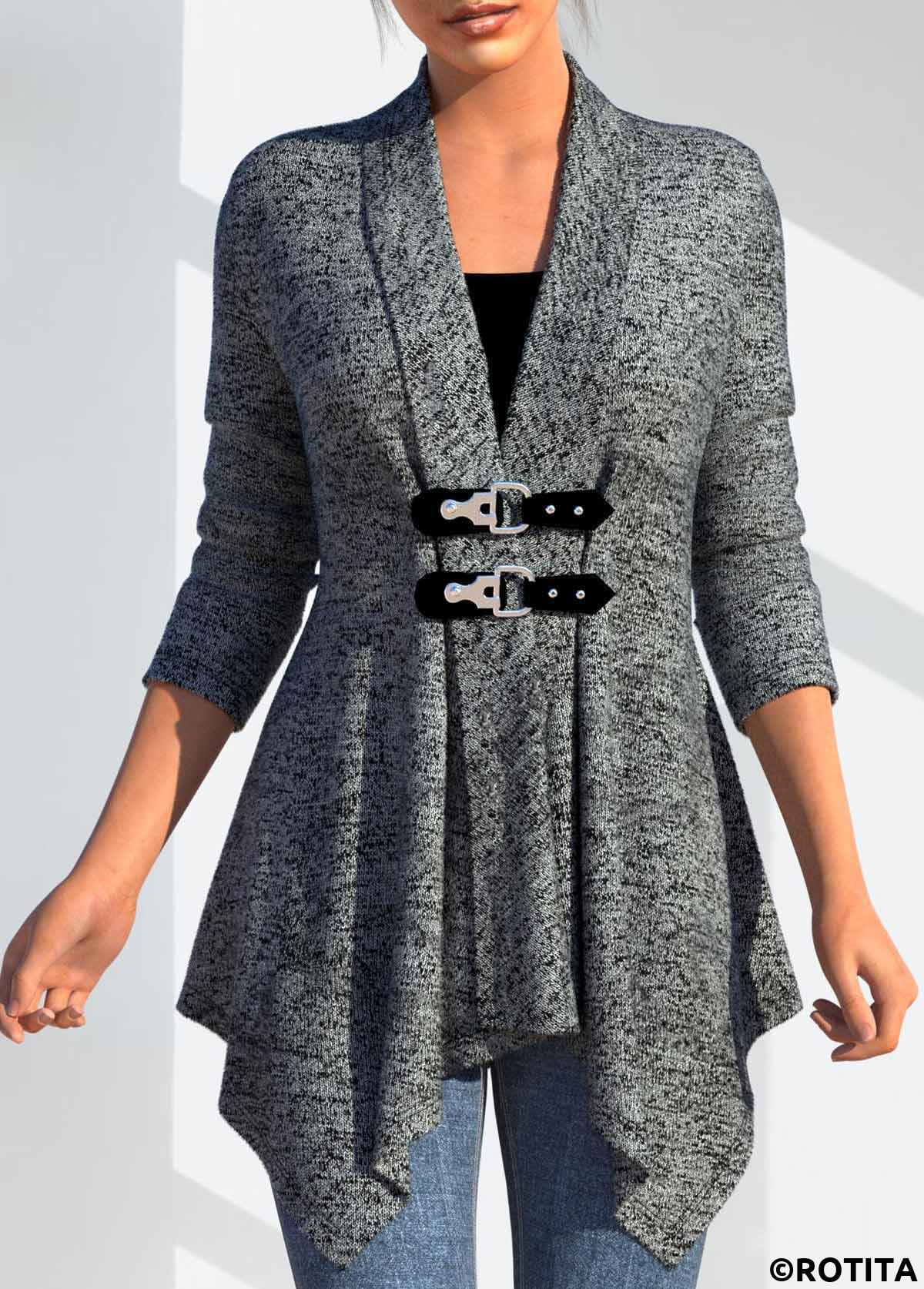 Dark Grey tops,Plain Color tops,ROTITA Button Dark Grey Turn Down Collar Long Sleeve Coat
