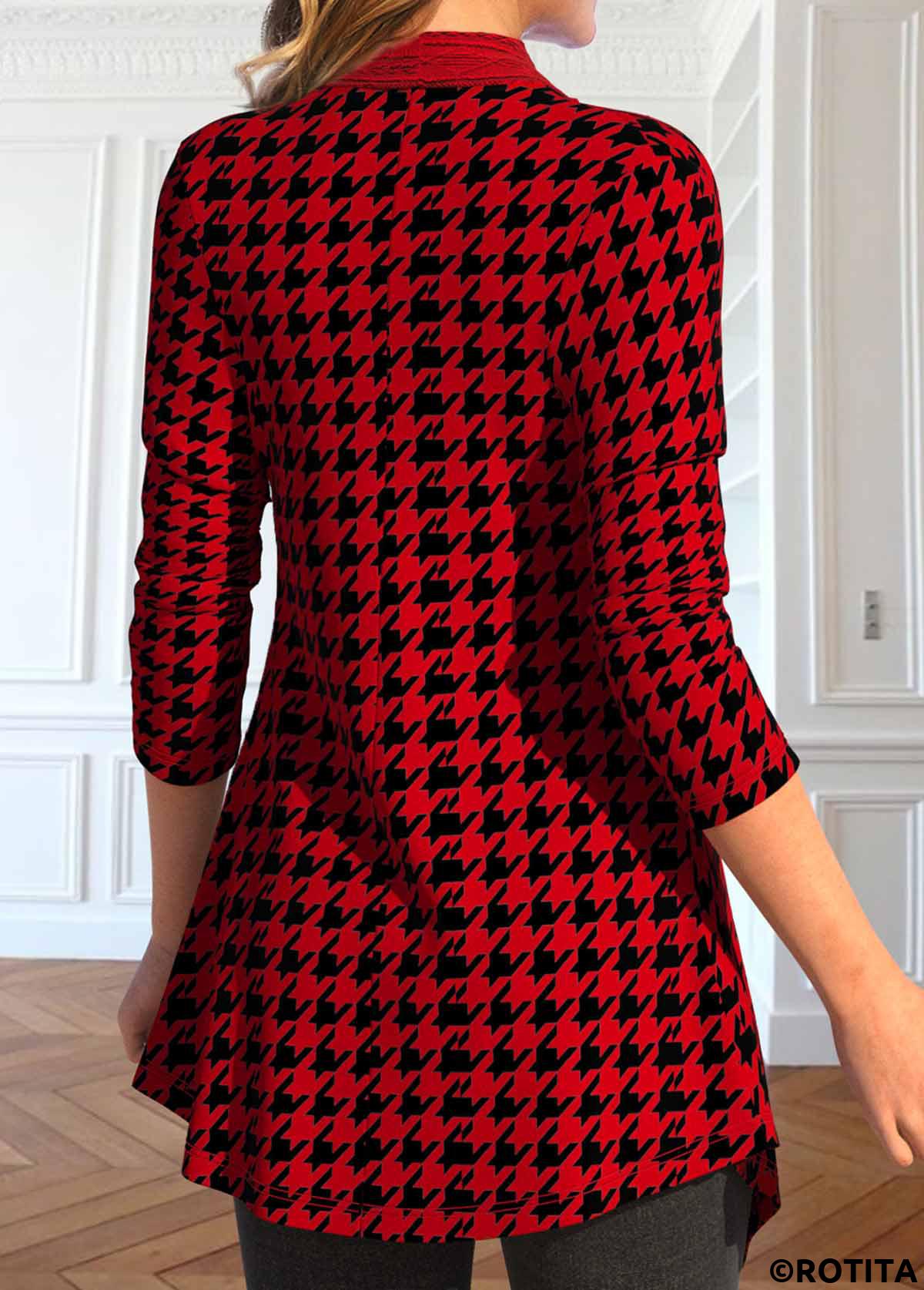 Wine Red tops,Plaid tops,Houndstooth tops,Striped tops,Geometric tops,ROTITA Patchwork Plaid Wine Red Turn Down Collar Coat