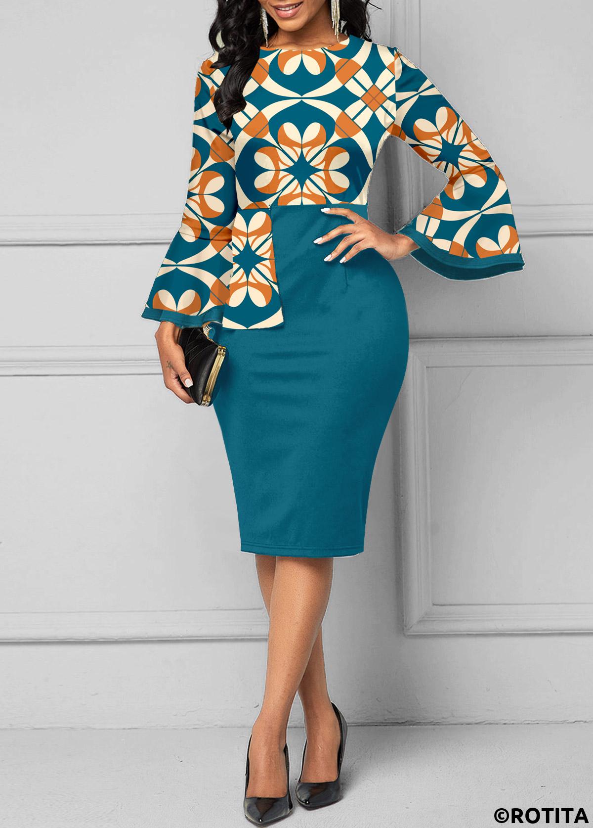 Peacock Blue dresses,Tribal dresses,Geometric dresses,Striped dresses,Party dresses,Elegant dresses,ROTITA Patchwork Tribal Print Peacock Blue Round Neck Bodycon Dress